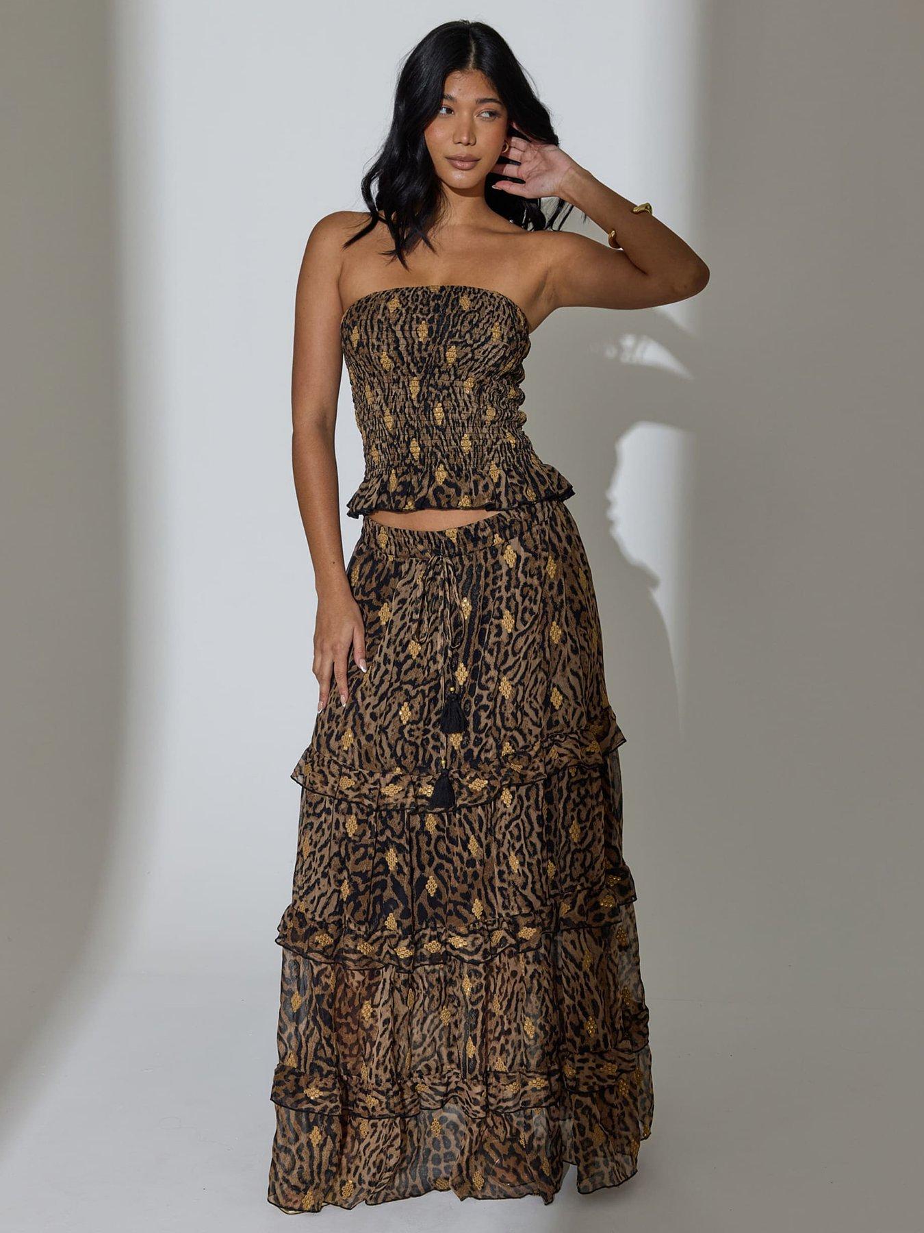 Image 1 of 2 of South Beach Tiered Ruffle Sequin Embroidered Maxi Skirt - Leopard Print