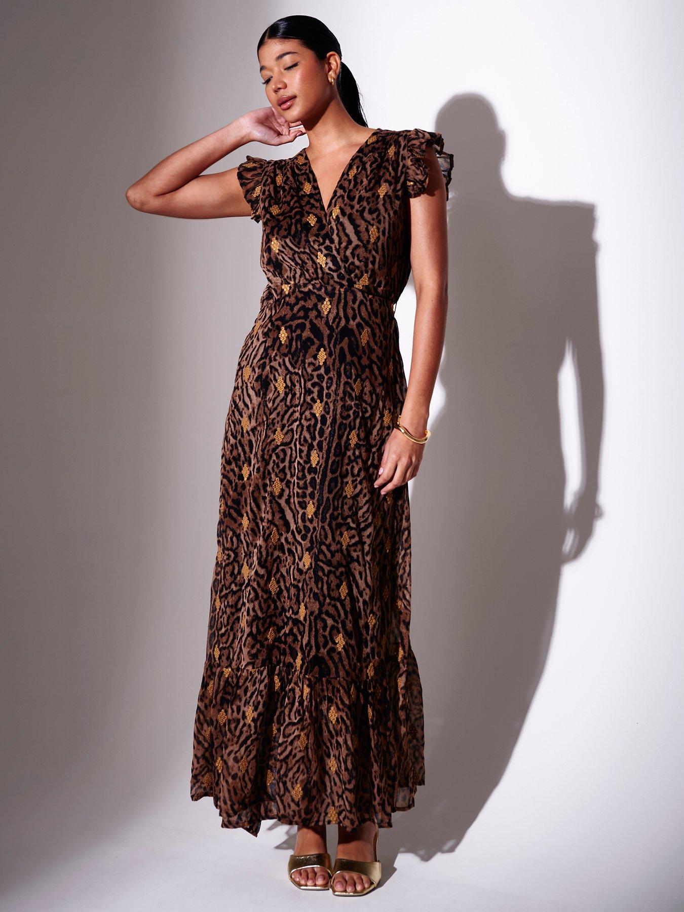 South Beach South Beach Leopard V-neck Wrap Sequin Embroidered Maxi Dress-leopard