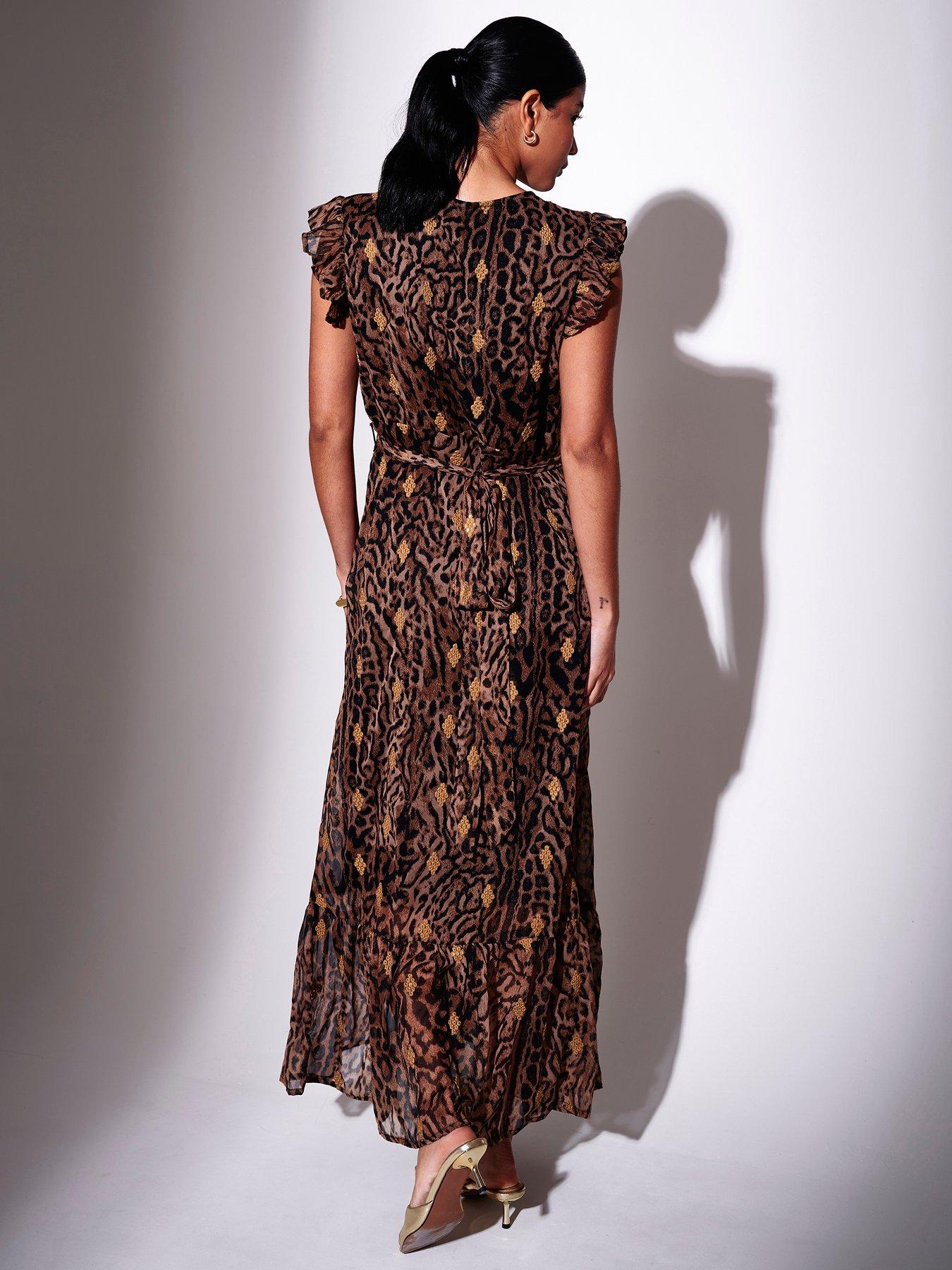 Image 2 of 2 of South Beach V-Neck Wrap Sequin Embroidered Maxi Dress - Leopard Print