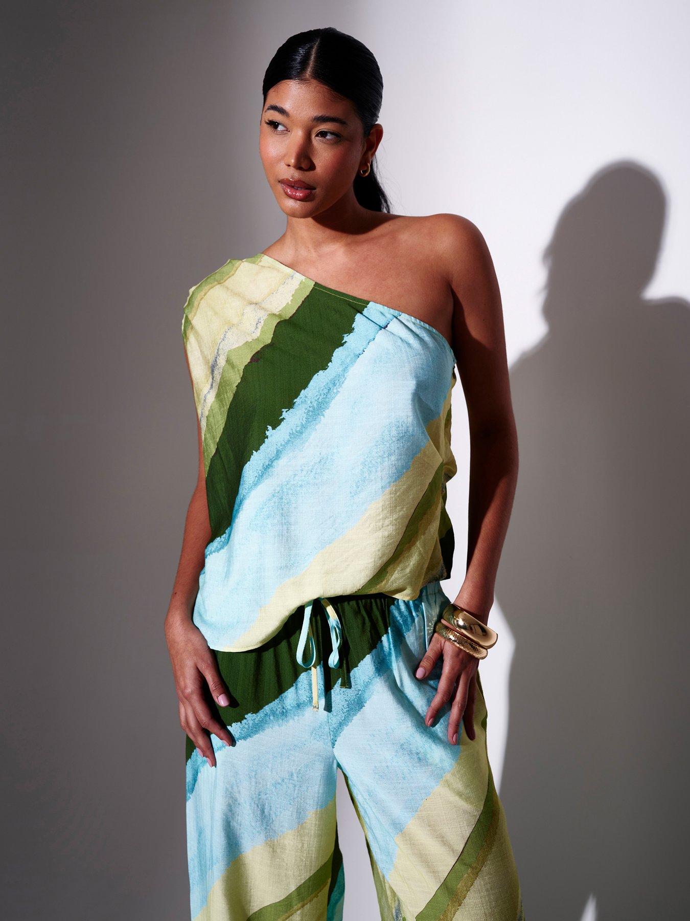 Image 2 of 3 of South Beach Asymmetric Stripe One Shoulder Top - Multi