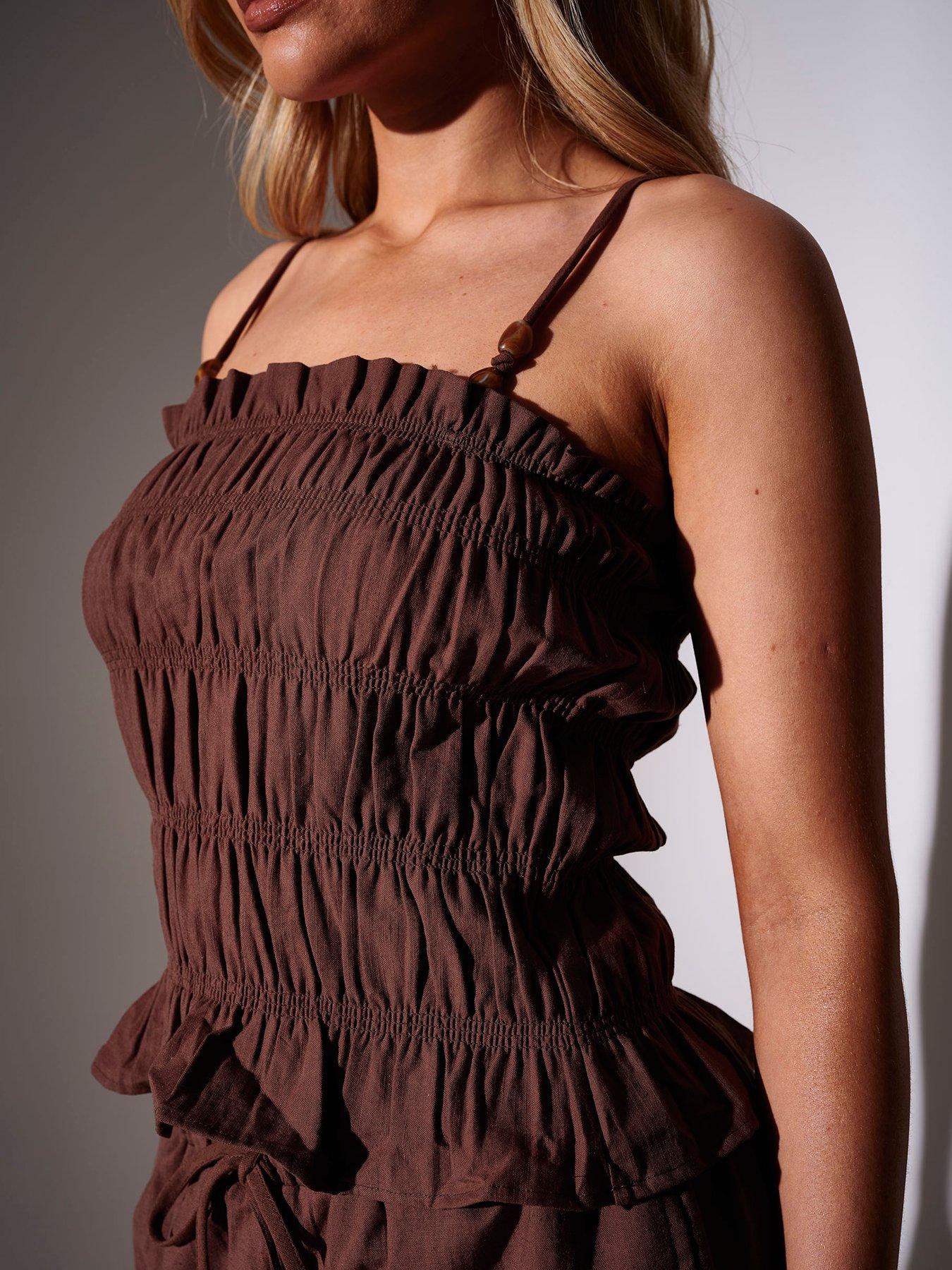 south-beach-shirred-ruffle-top-with-beaded-detail-brownstillFront