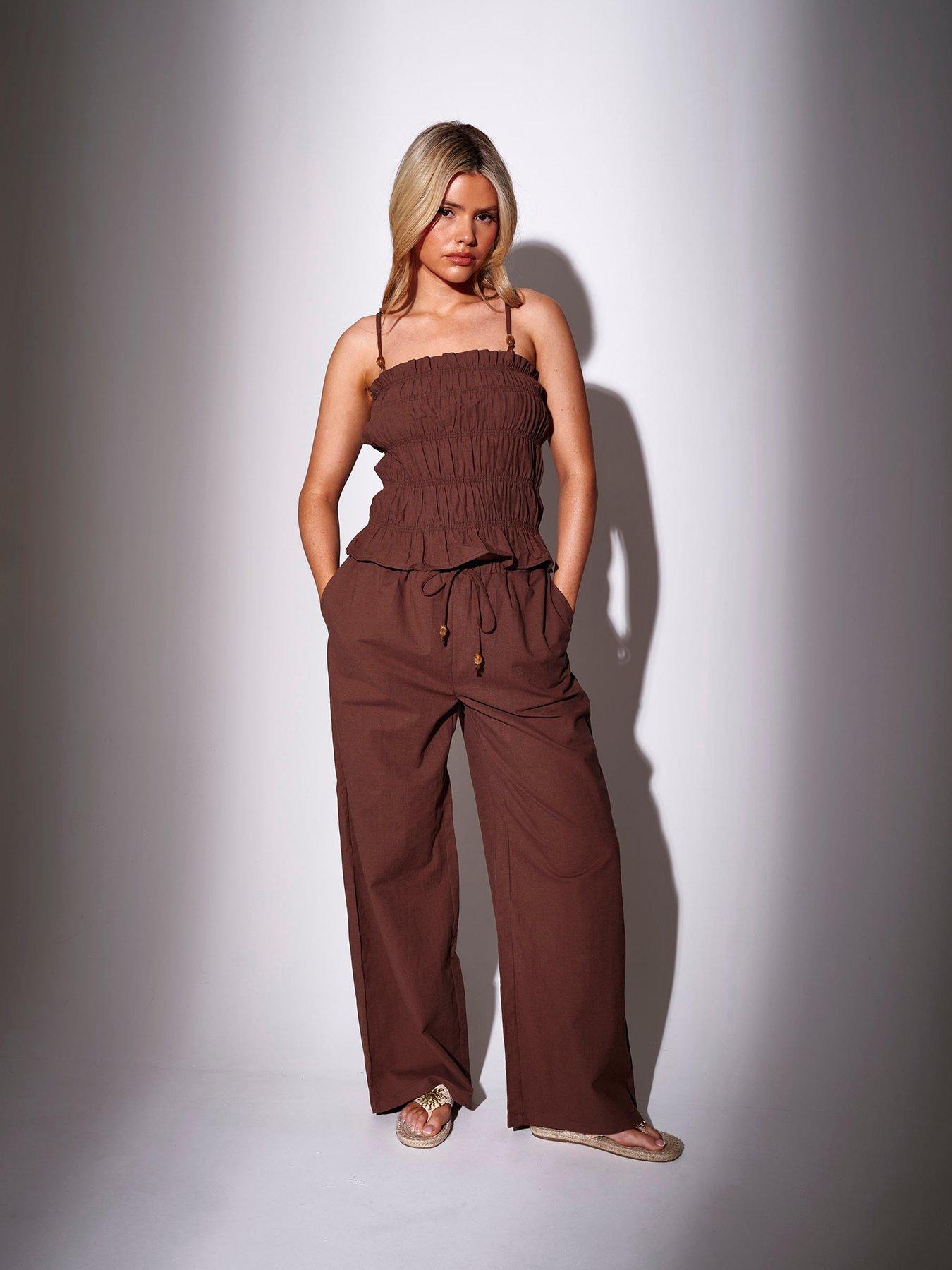 Image 1 of 4 of South Beach Wide Leg Trousers With Bead Detail - Brown