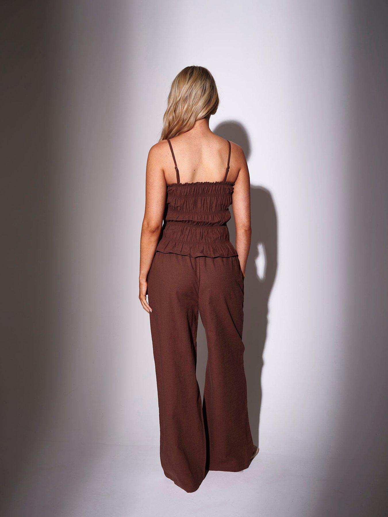 Image 2 of 4 of South Beach Wide Leg Trousers With Bead Detail - Brown