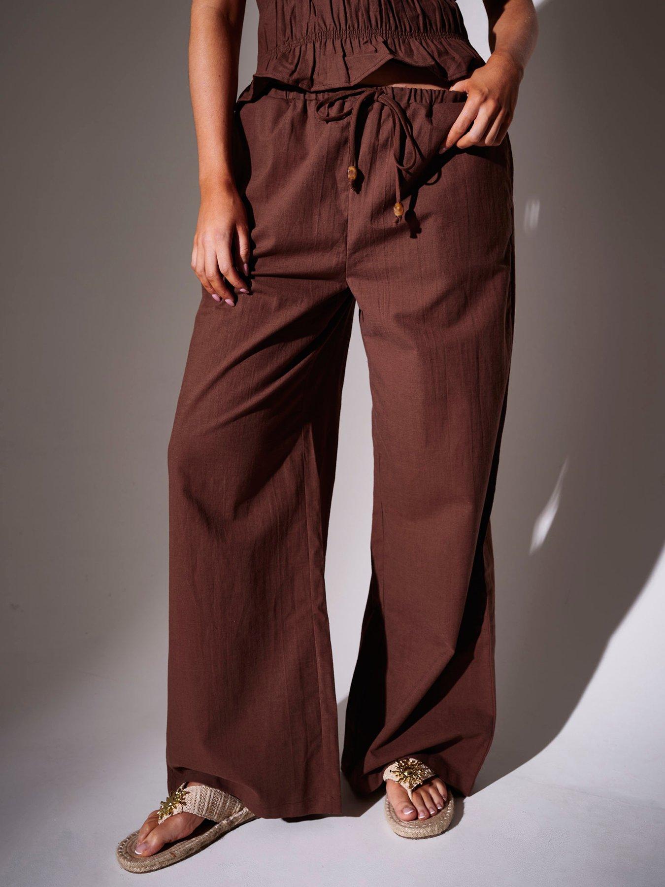 Image 3 of 4 of South Beach Wide Leg Trousers With Bead Detail - Brown