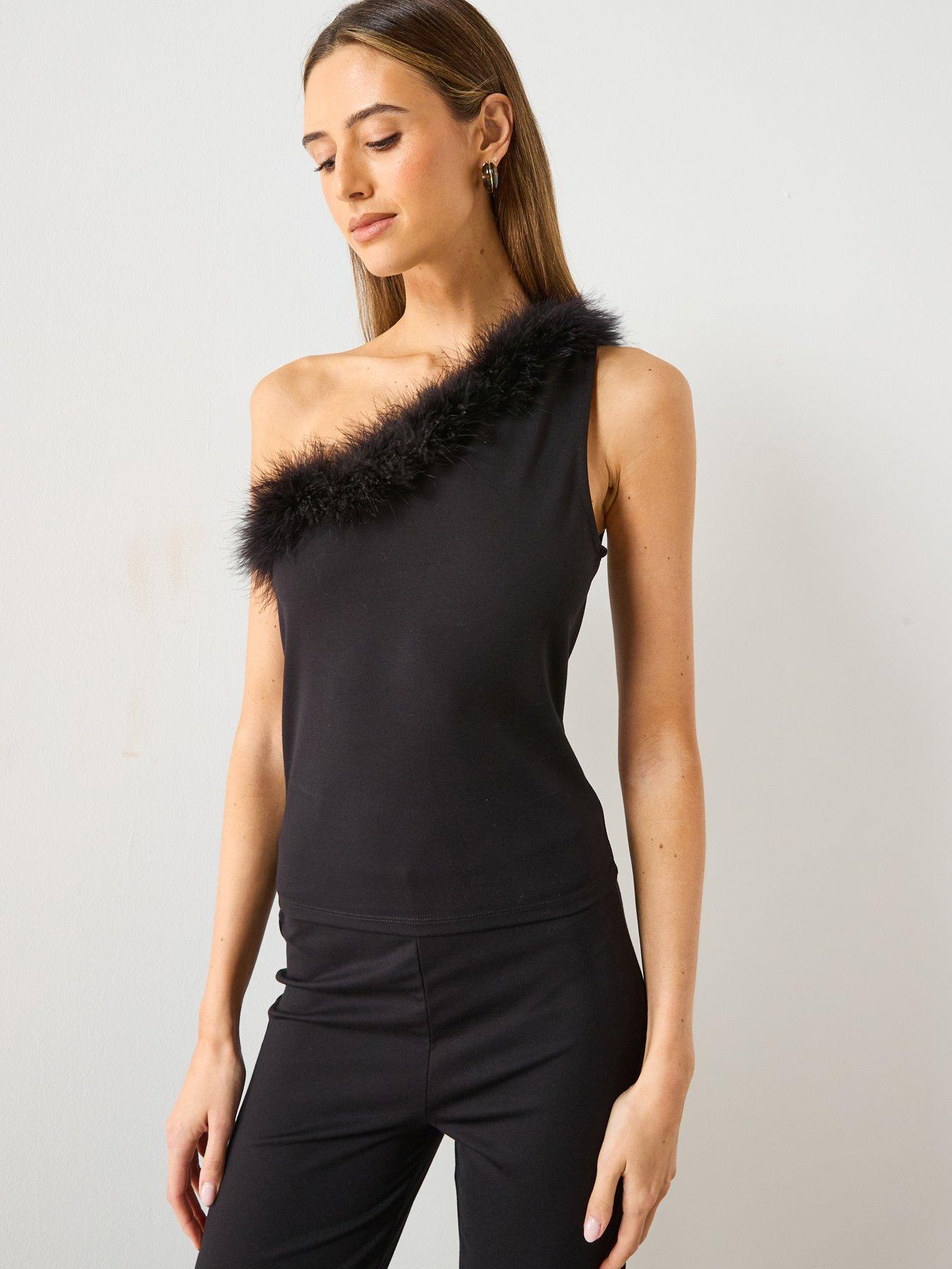 mango-feather-detail-one-shoulder-top-black