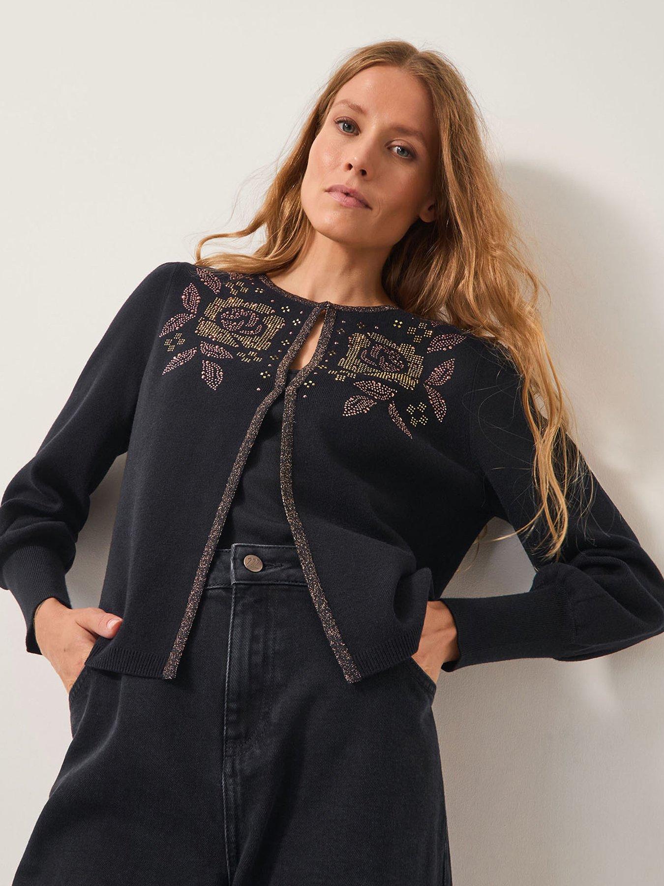 Image 1 of 5 of Monsoon Hal Floral Hotfix Cardigan - Black