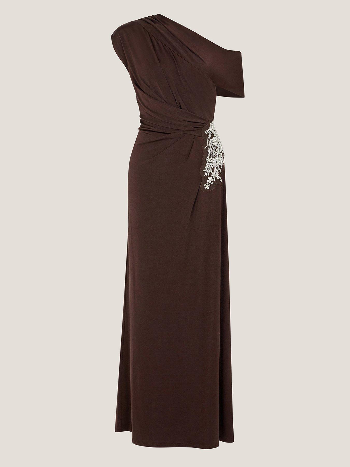 Image 1 of 1 of Monsoon Trina Asymmetrical Embellished Jersey Maxi Dress - Brown