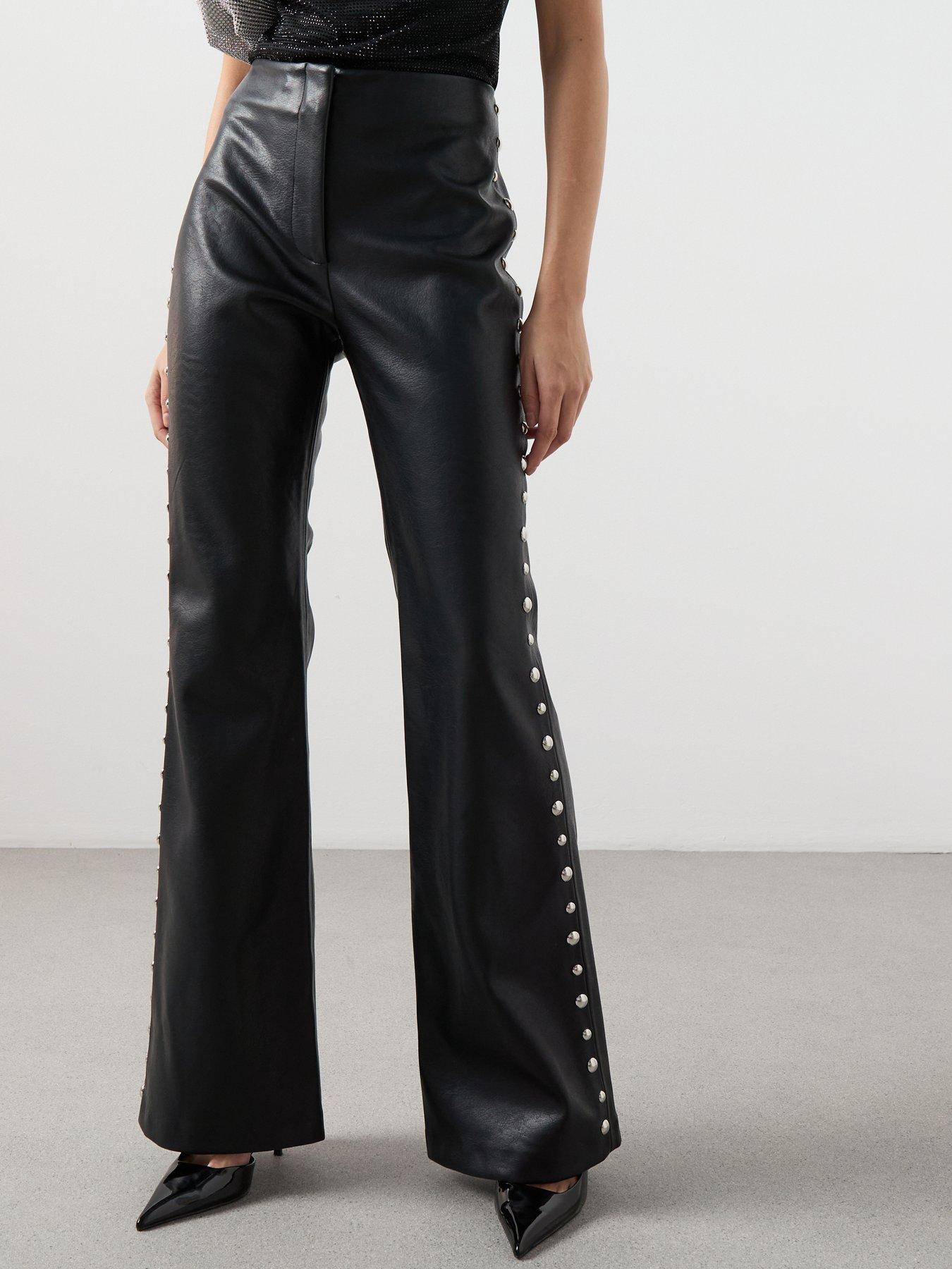 Image 1 of 6 of Mango Studded Faux Leather Trousers - Black