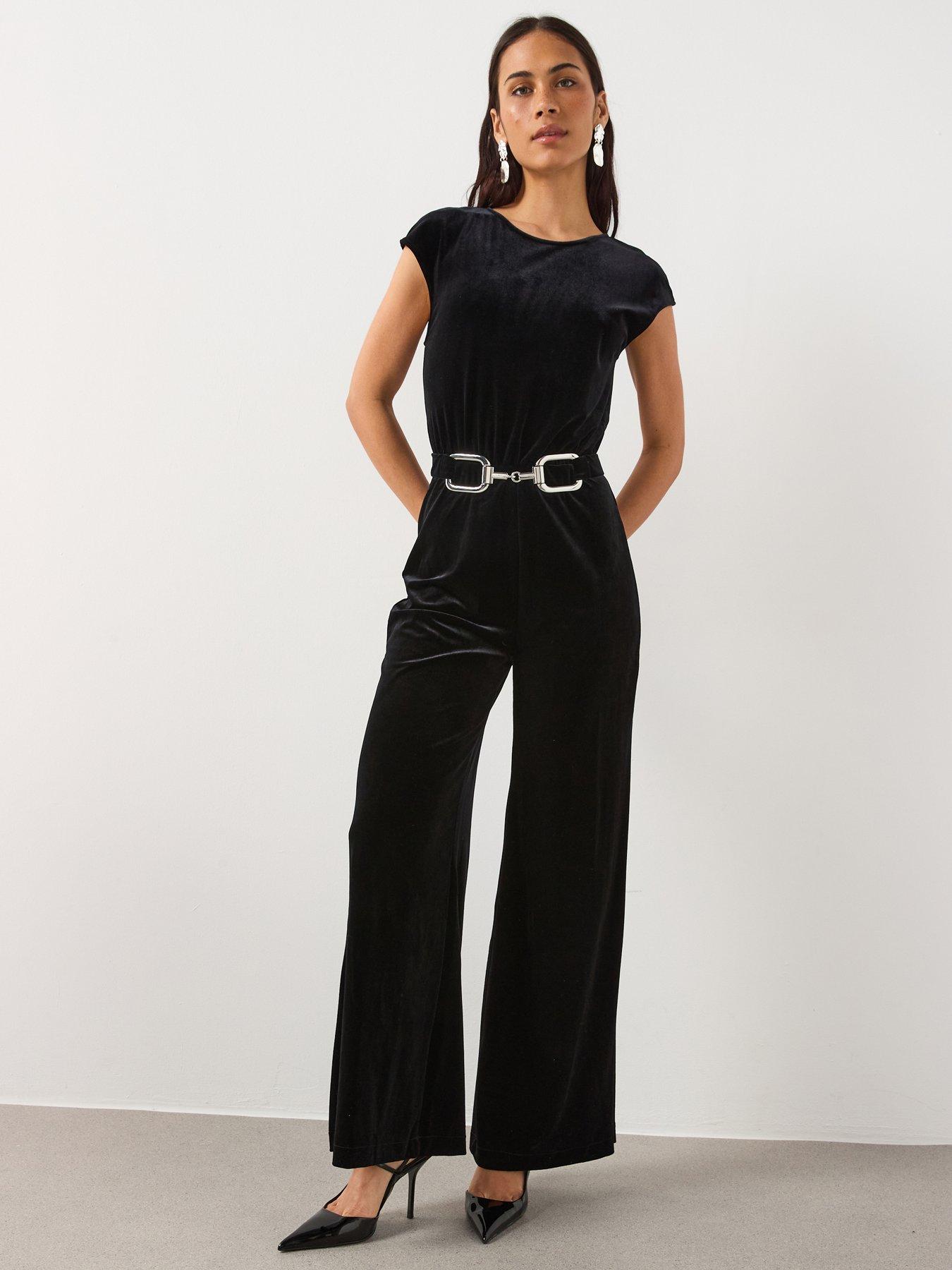 Mango Velvet Wide Leg Belted Jumpsuit - Black