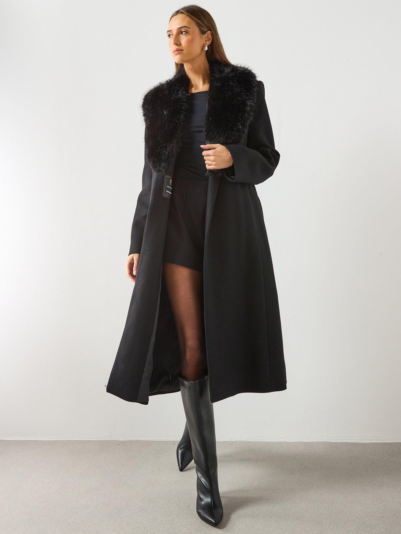 Mango Faux Fur Tailored Coat - Black