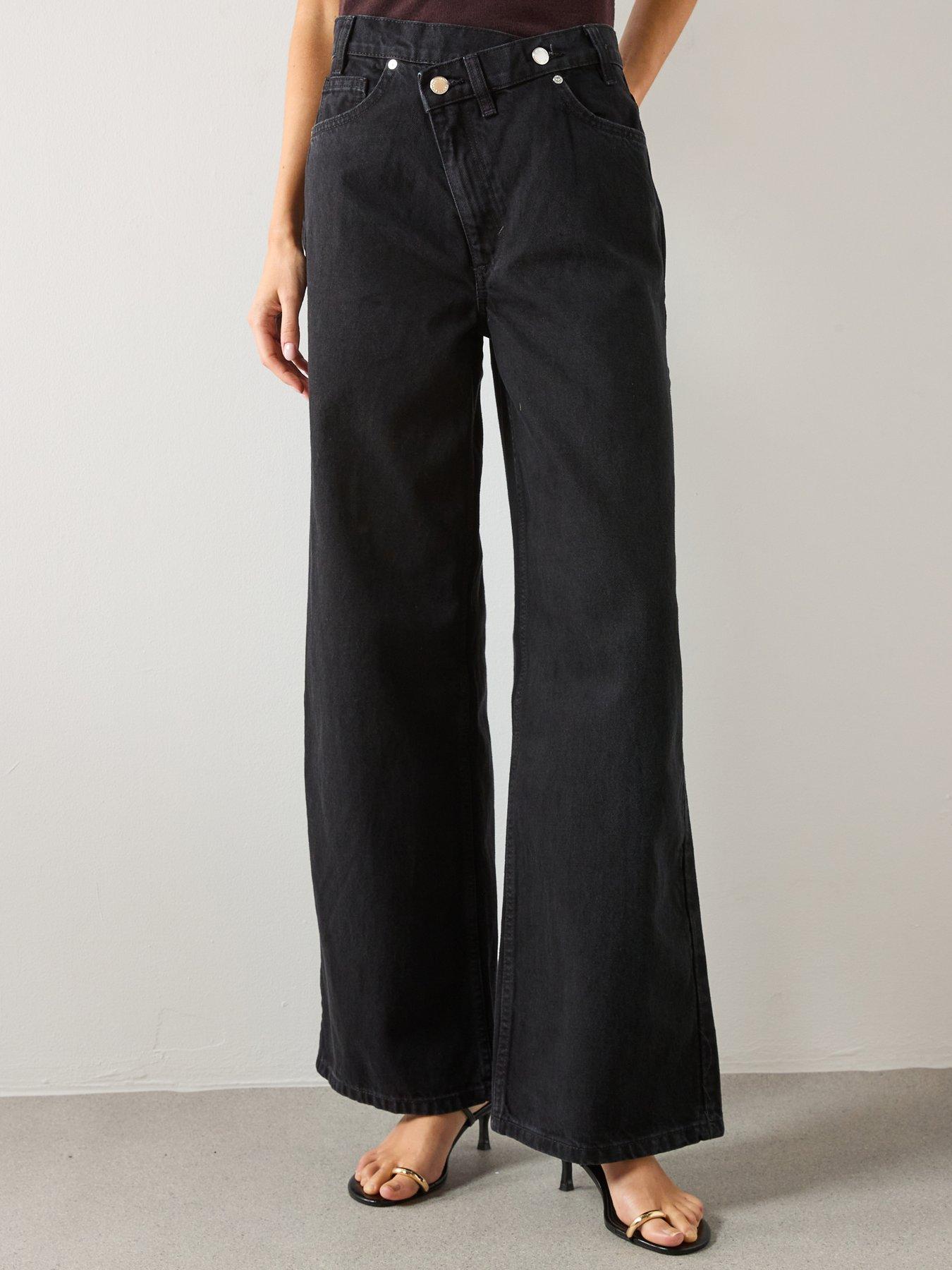 Mango Wide Leg Jeans with Crossover Waistband - Black