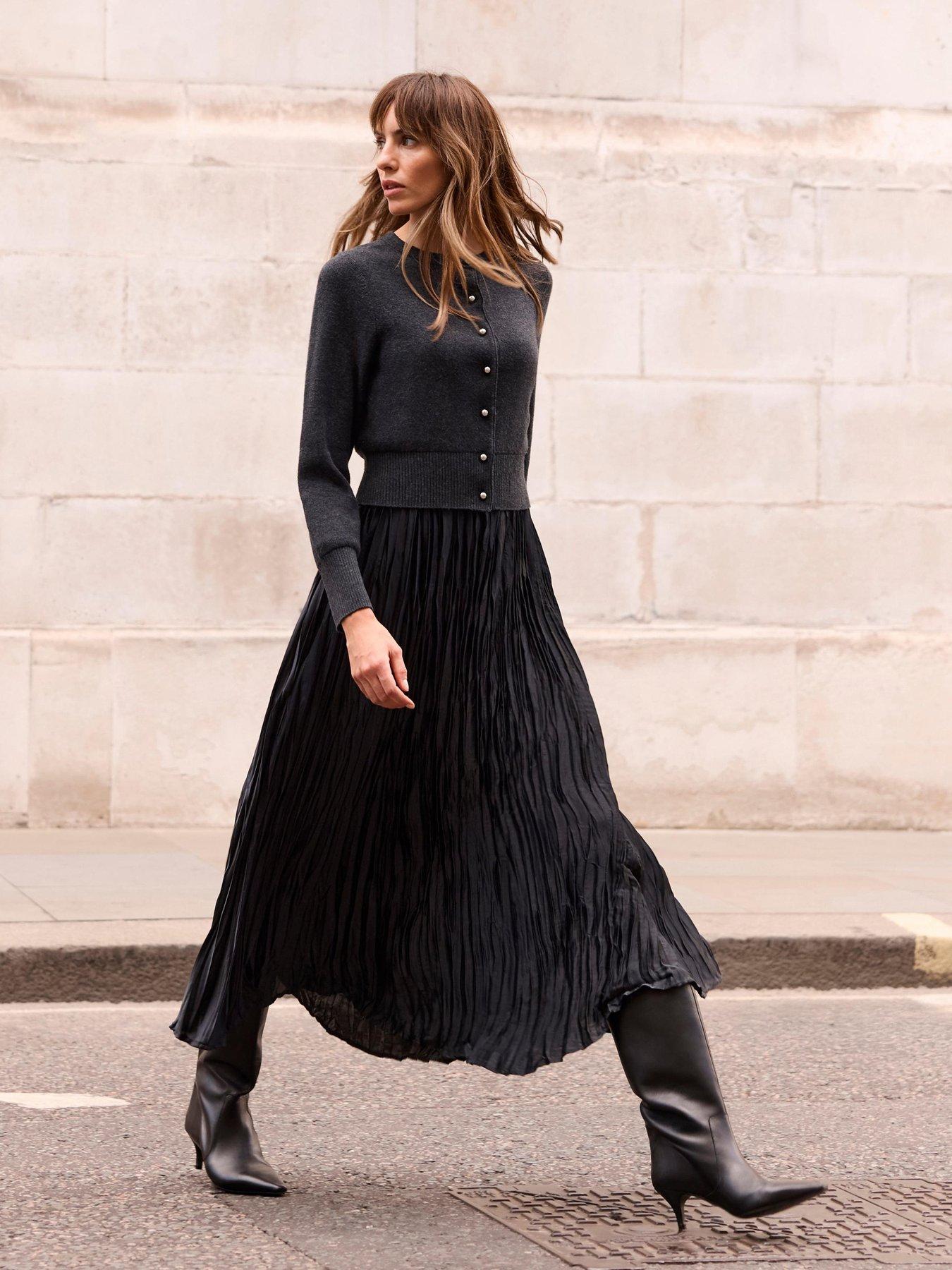 Mint Velvet Cardigan  &  Pleated Dress - Grey