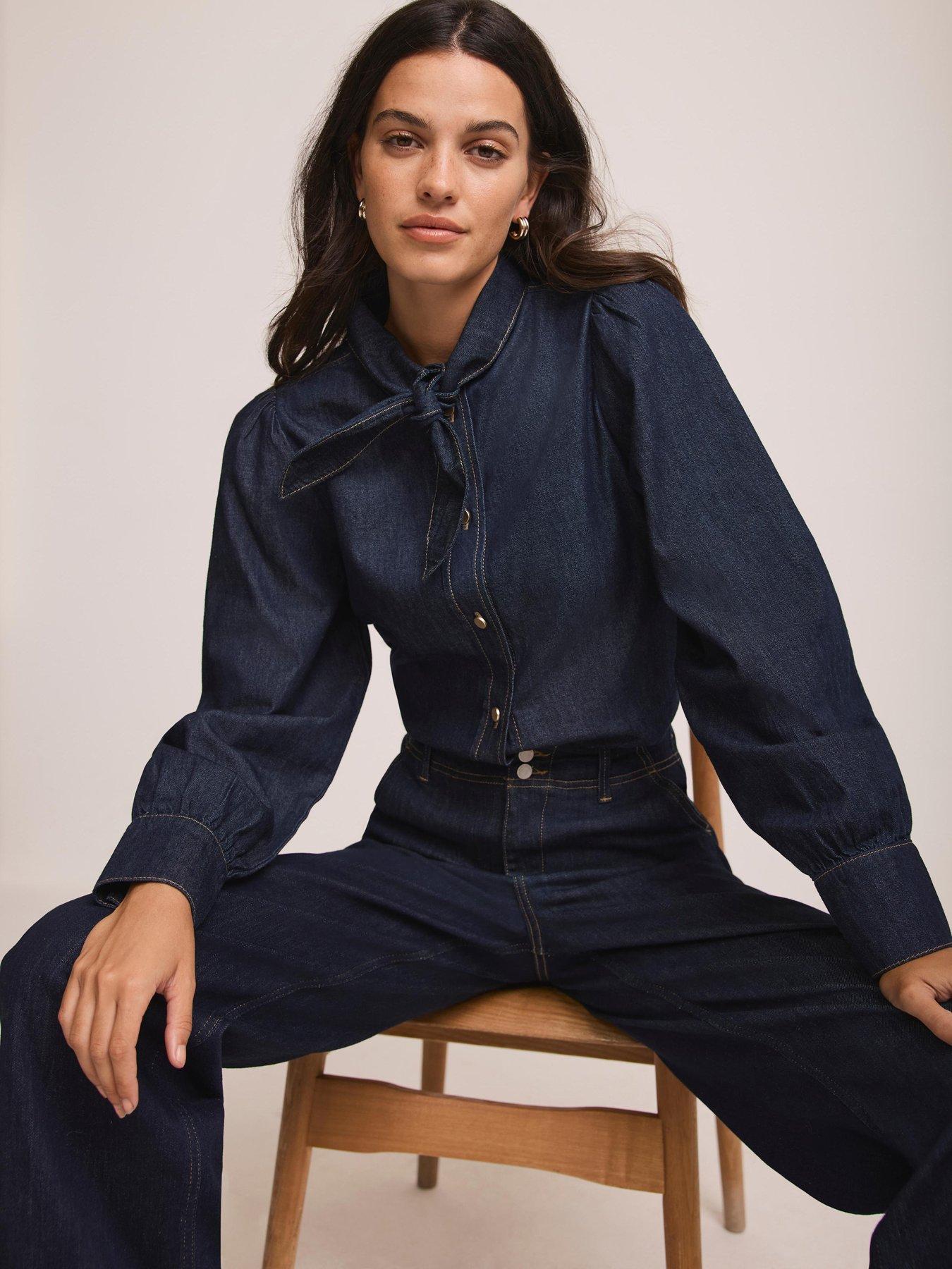 Image 1 of 6 of Mint Velvet Tie Neck Denim Blouse - Blue