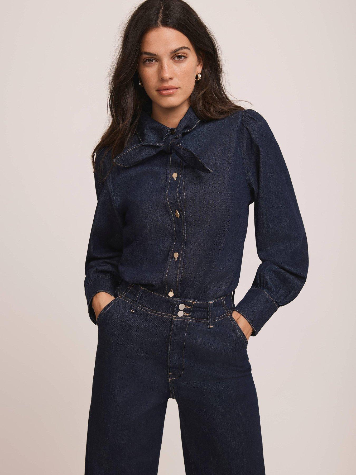 Image 2 of 6 of Mint Velvet Tie Neck Denim Blouse - Blue