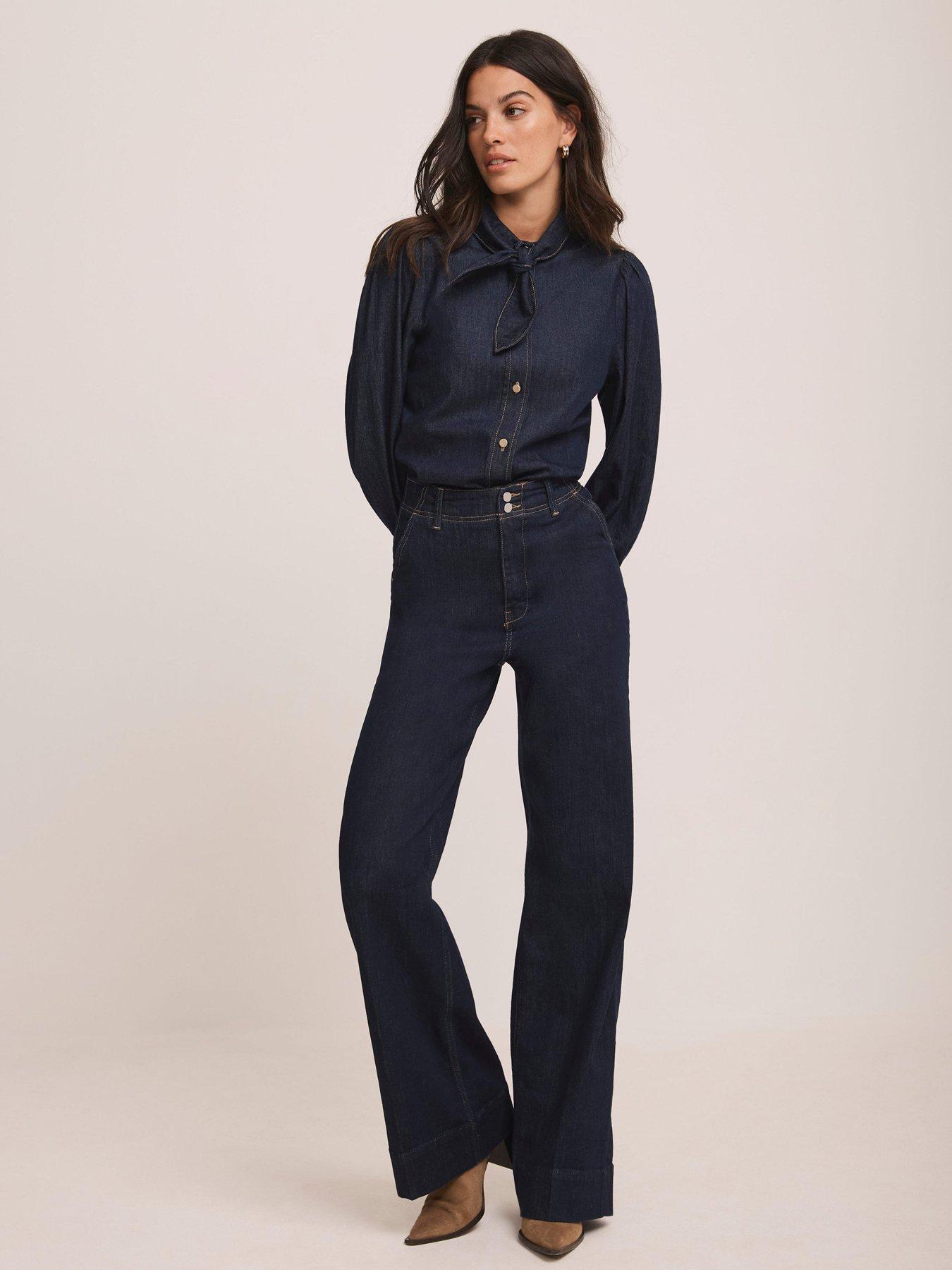 Image 3 of 6 of Mint Velvet Tie Neck Denim Blouse - Blue