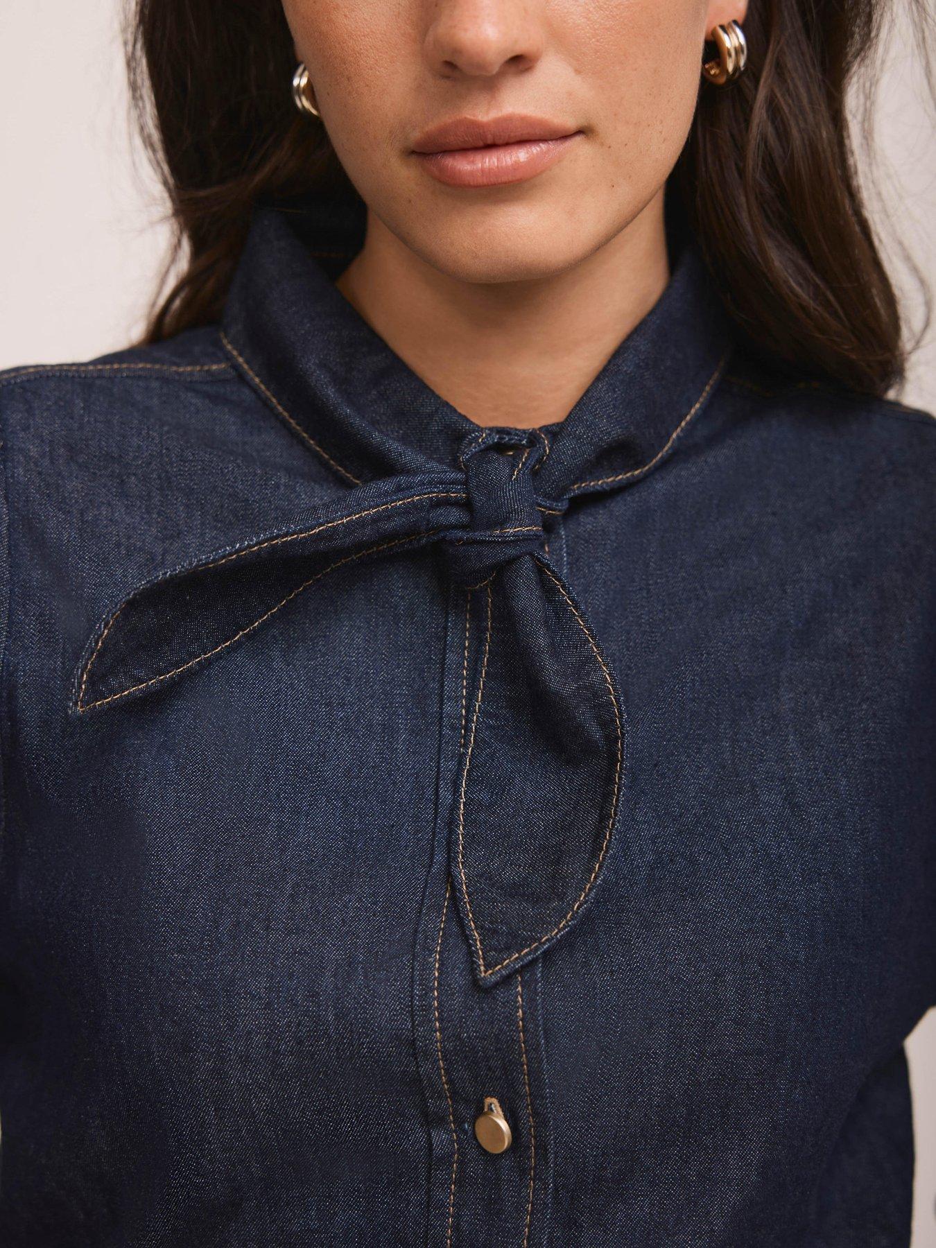 Image 4 of 6 of Mint Velvet Tie Neck Denim Blouse - Blue