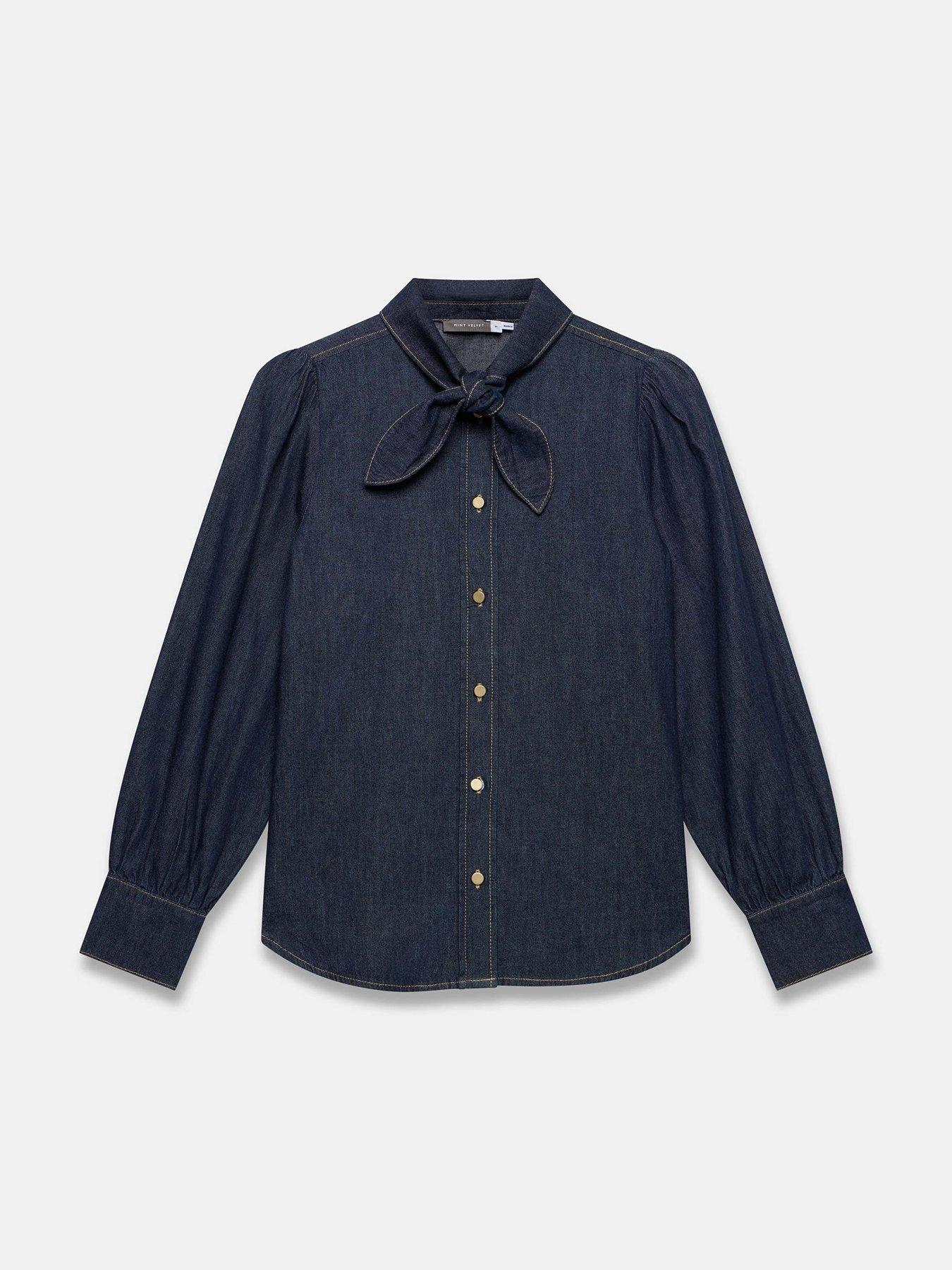 Image 5 of 6 of Mint Velvet Tie Neck Denim Blouse - Blue