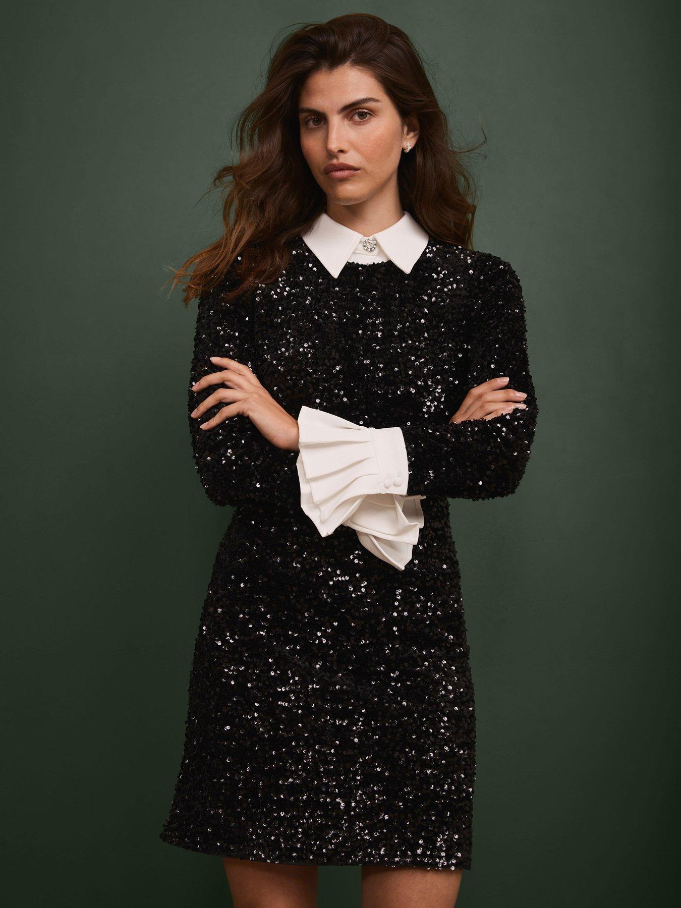 Mint Velvet Sequin Contrast Collar Dress - Black