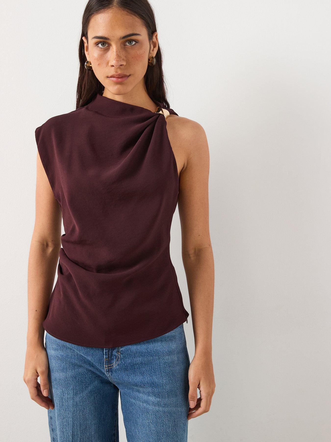 Mango Sleeveless Top Metal Shoulder Detail - Burgundy