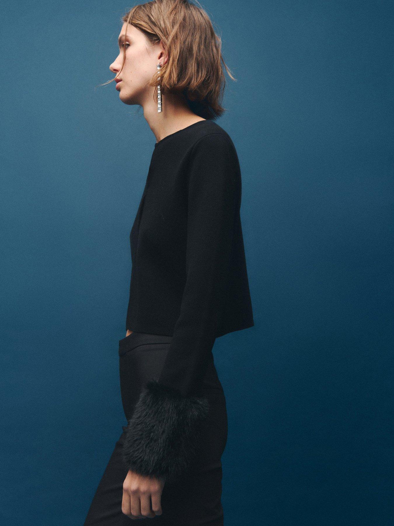 Image 4 of 6 of Mango Faux Fur Cuff Cardigan - Black