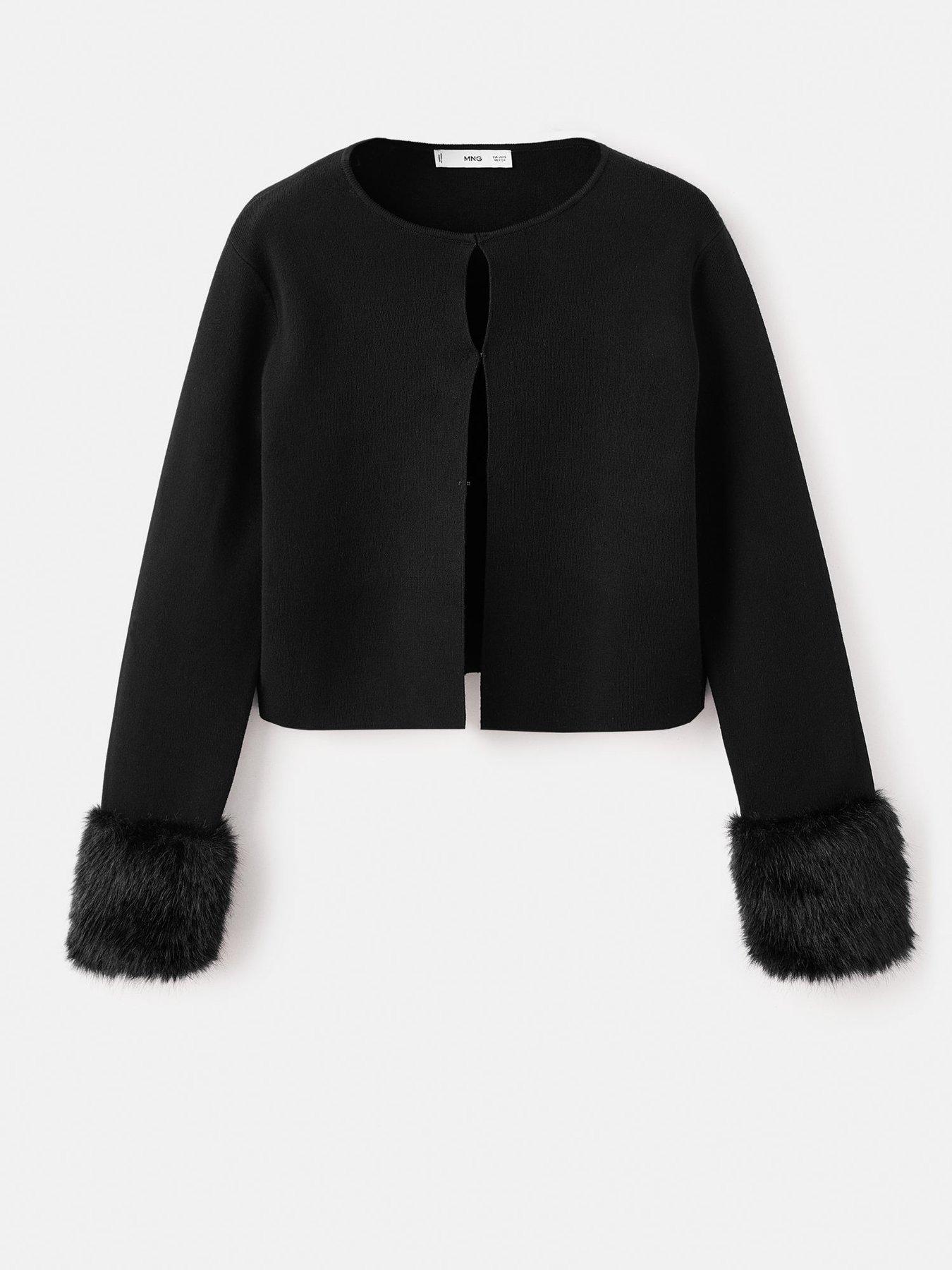 Image 6 of 6 of Mango Faux Fur Cuff Cardigan - Black