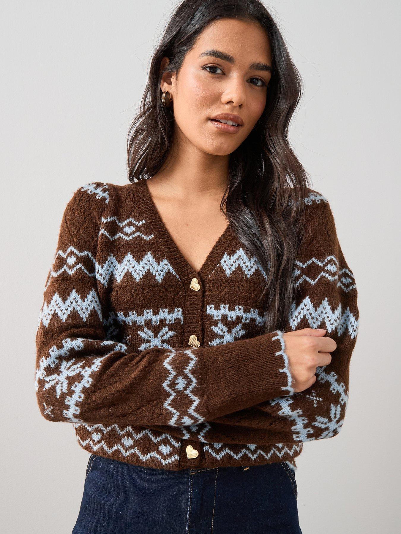 The Very Collection V Neck Fairisle Knitted Cardigan - Chocolate