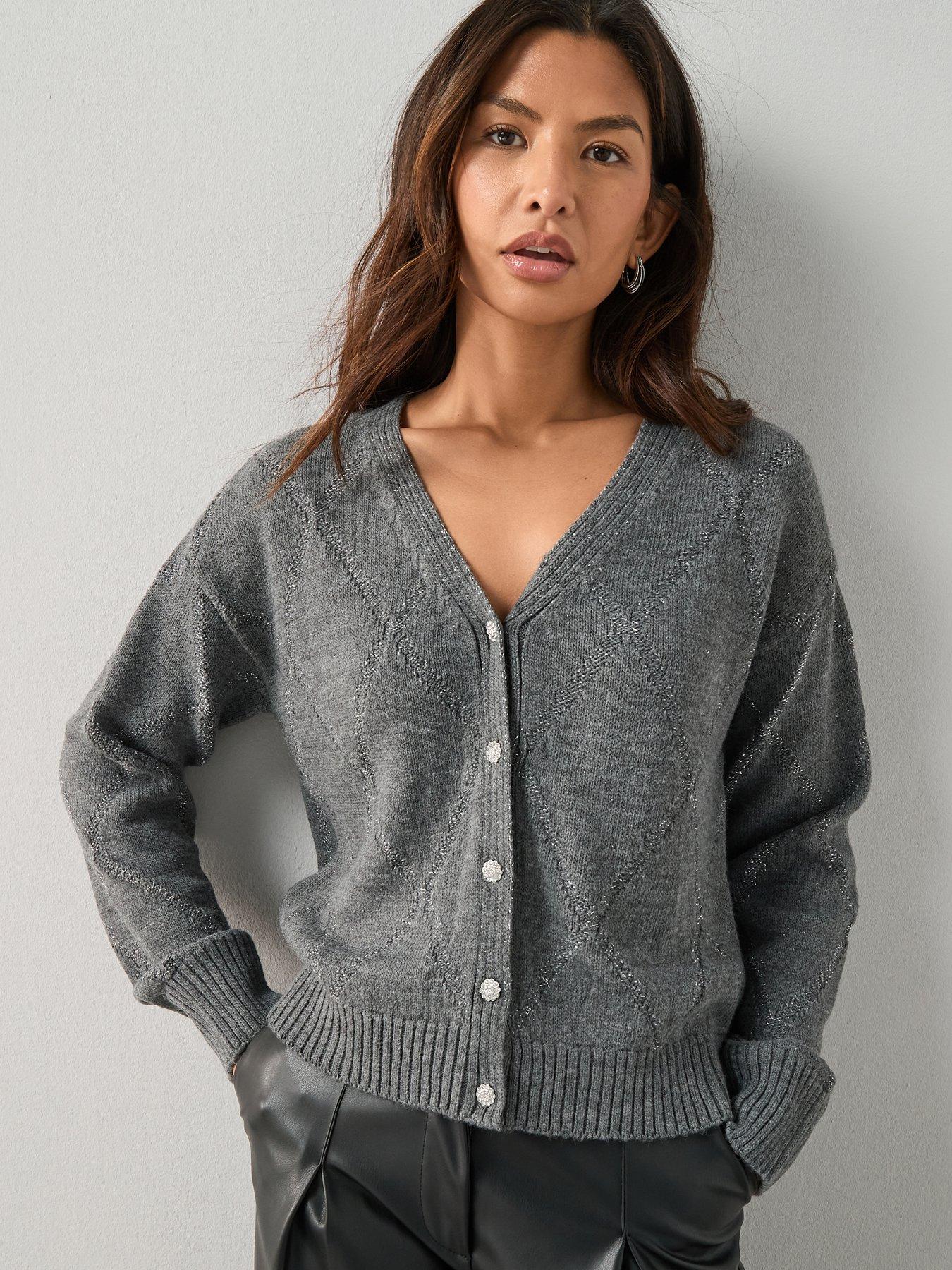 The Very Collection V Neck Knitted Argyle Cardigan - Grey
