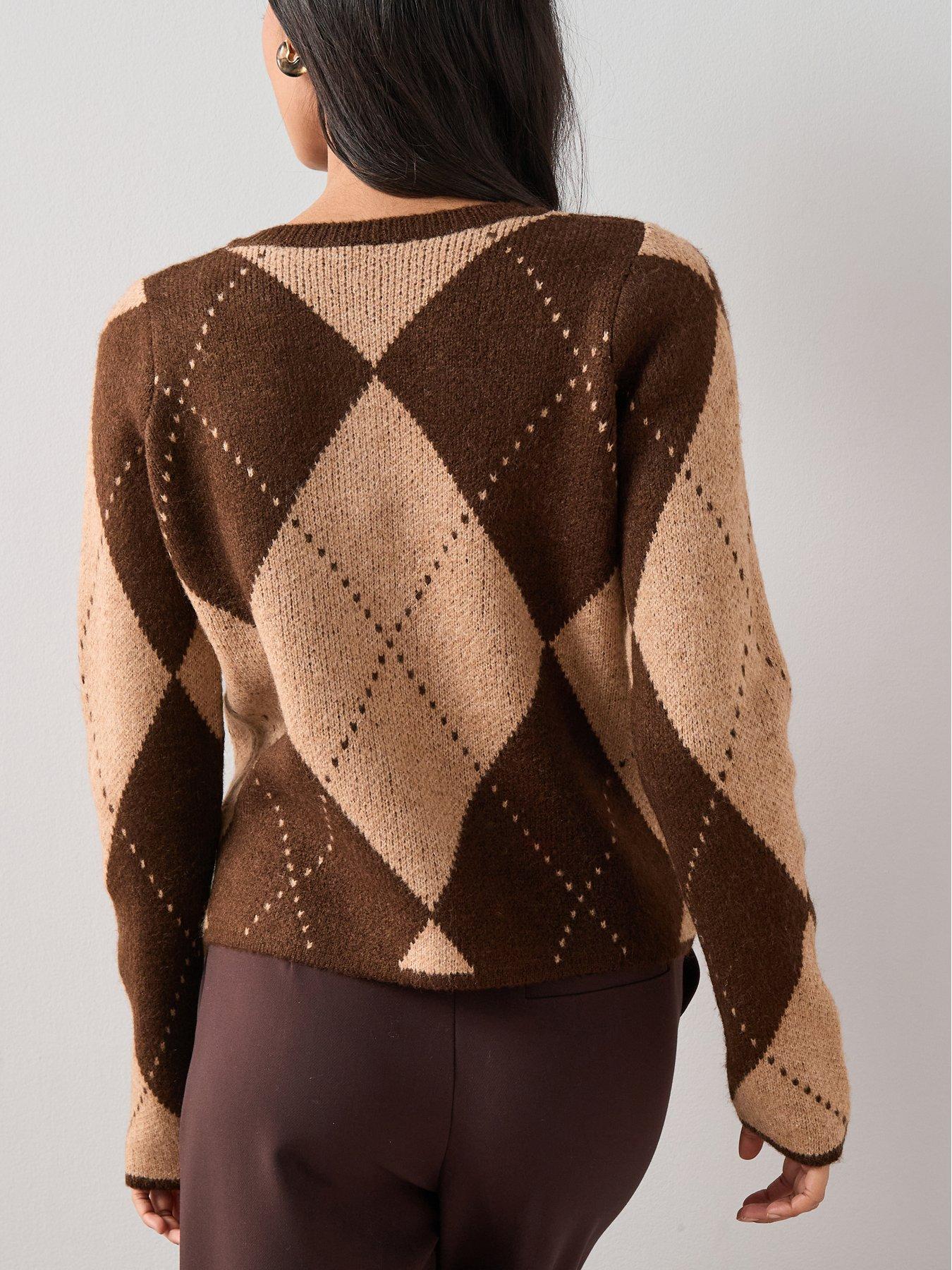 the-very-collection-crew-neck-argyle-knitted-cardigan-chocolatestillFront