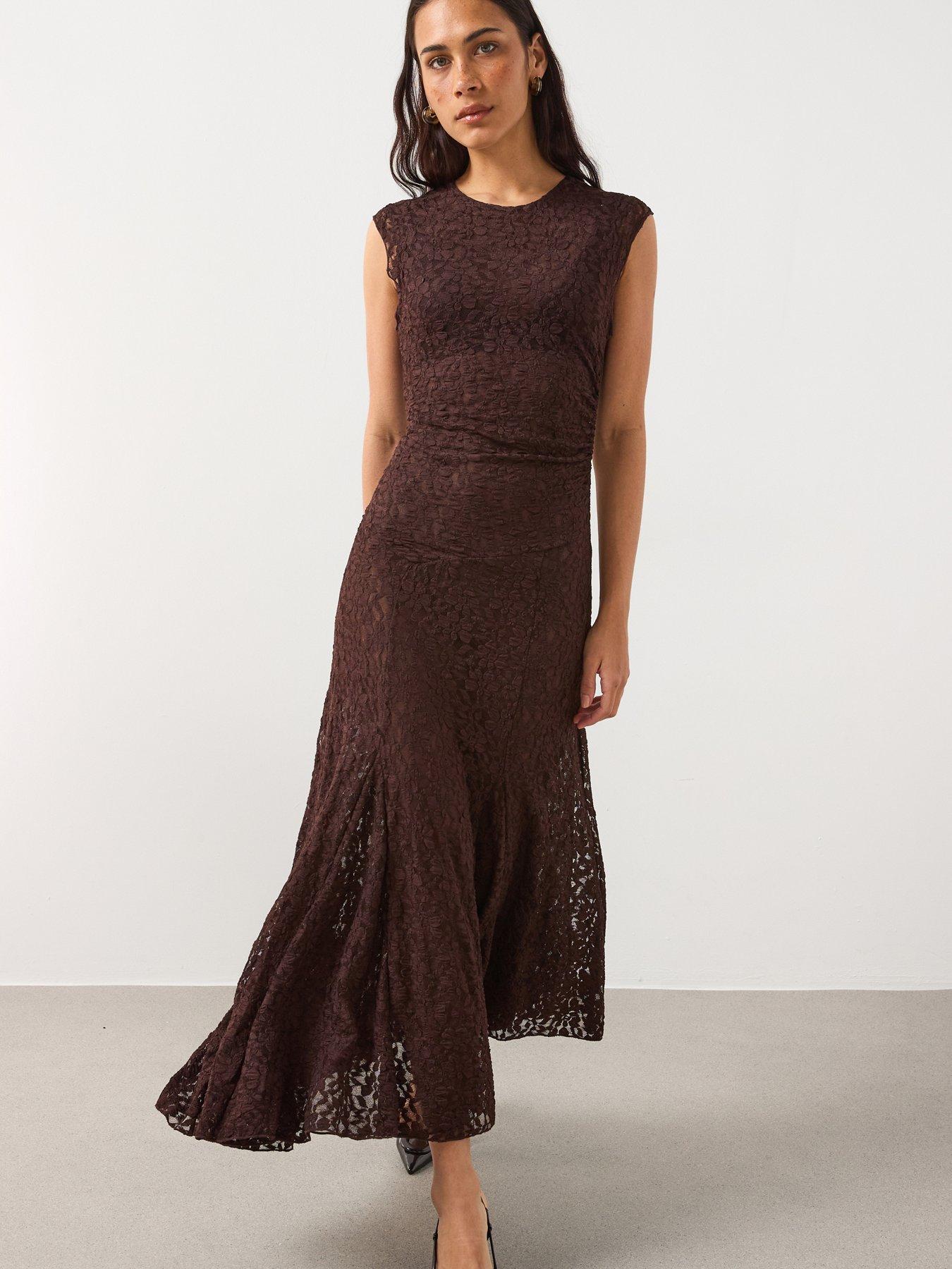 Mango Asymmetric Lace Dress - Brown