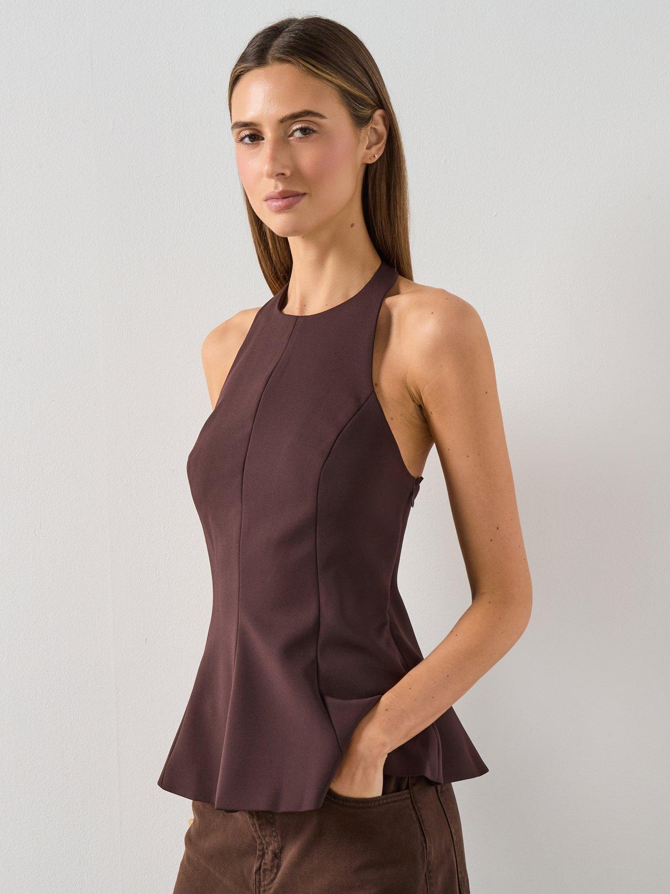 mango-halterneck-peplum-top-brown