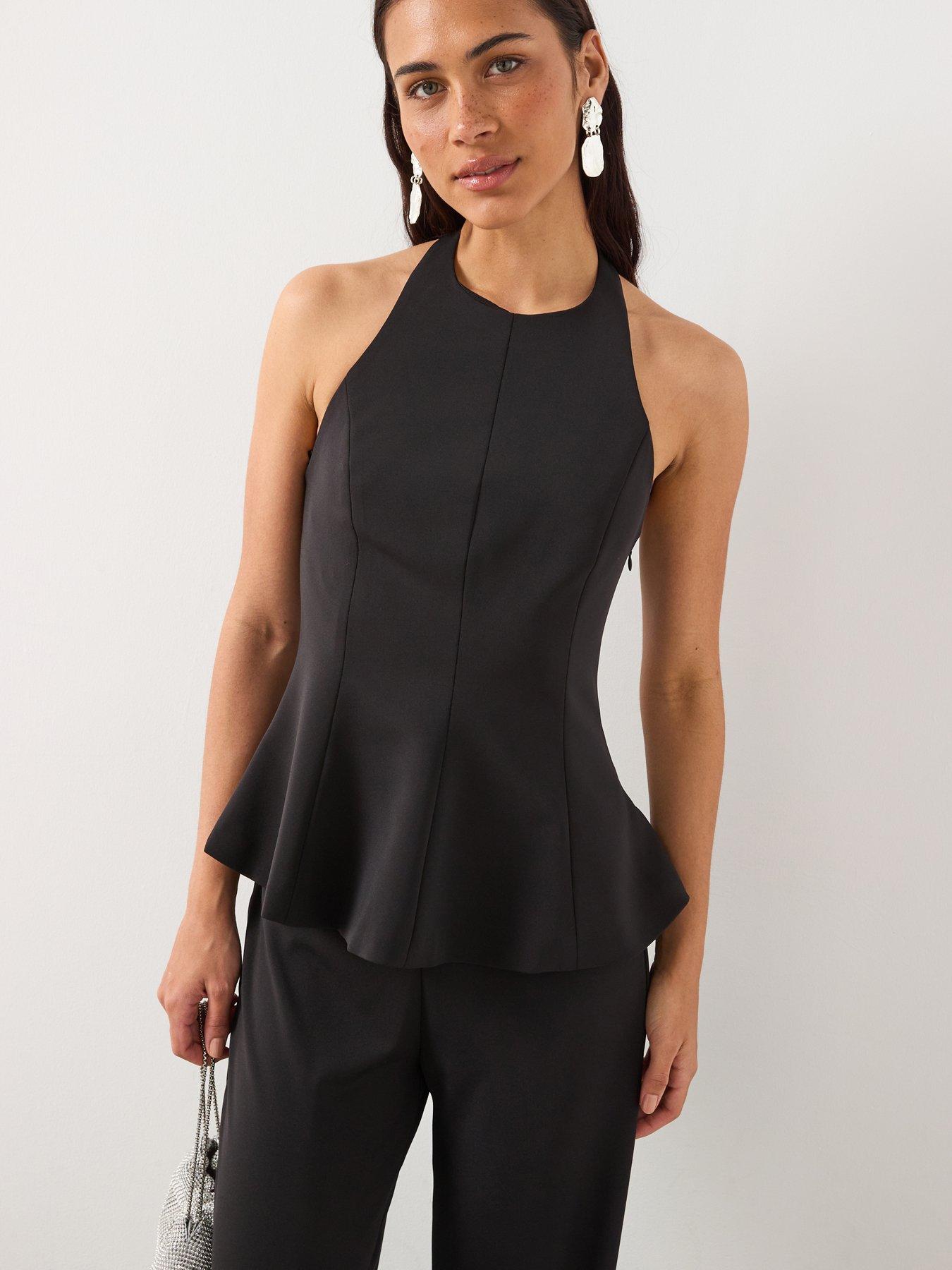 Image 1 of 6 of Mango Peplum Top With Halter Neck - Black