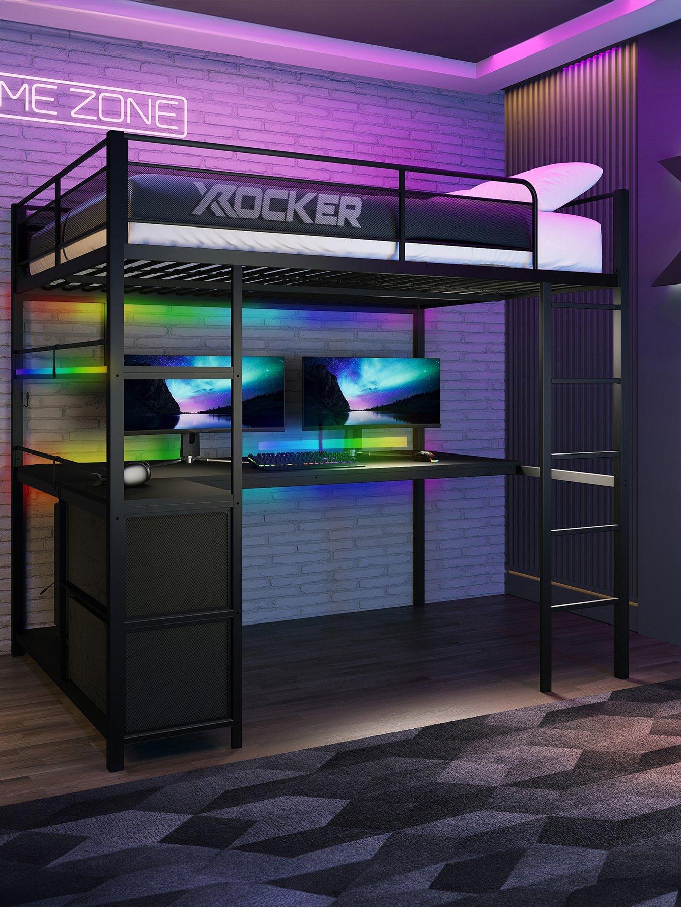 x-rocker-battlebunk-xl-rgb-double-high-sleeper-bednbspwith-desk-drawers-andnbspapp-controlled-led-lights