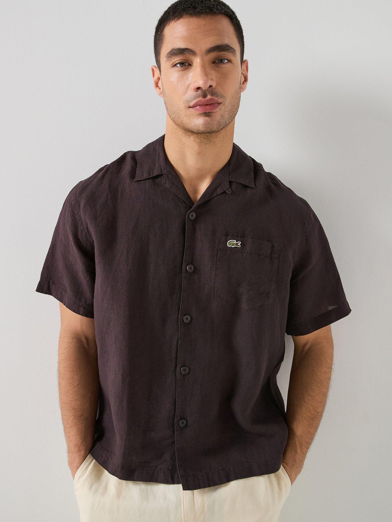 Lacoste Lacoste Open Collar Linen Short Sleeve Relaxed Shirt - Brown
