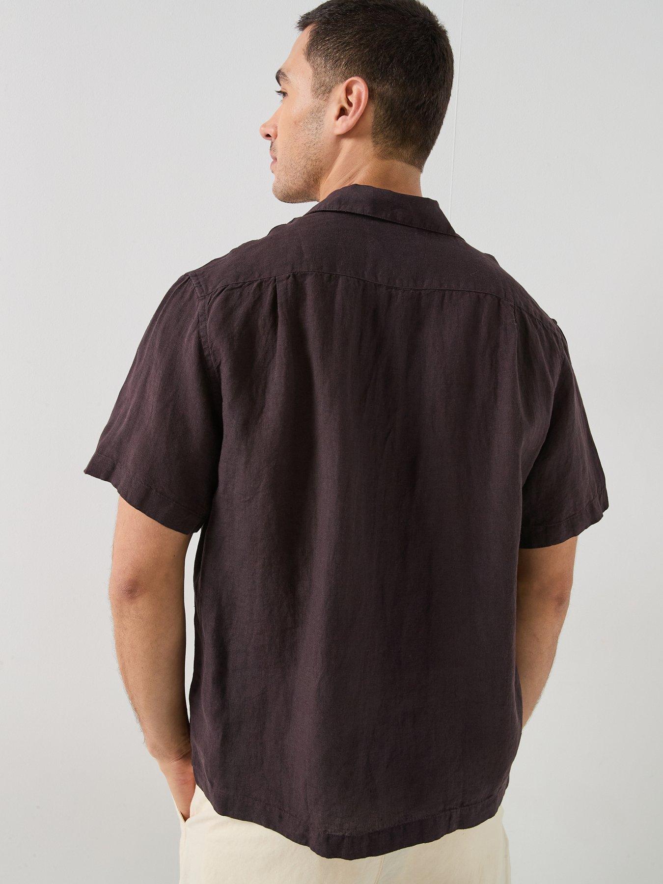 lacoste-open-collar-linen-short-sleeve-relaxed-shirt-brownstillFront