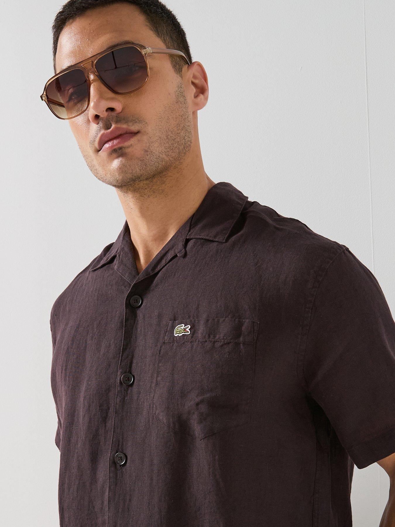 lacoste-open-collar-linen-short-sleeve-relaxed-shirt-brownoutfit