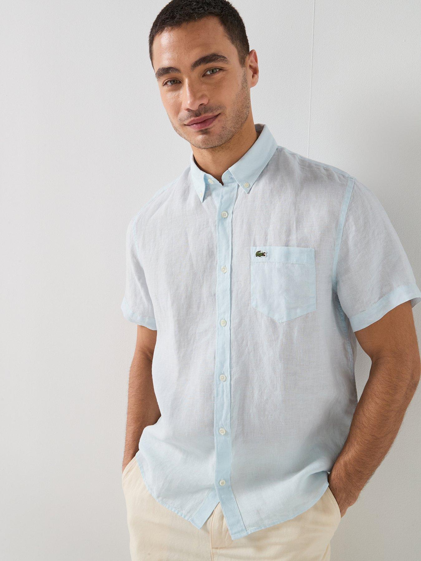 Lacoste Regular Fit Linen Short Sleeve Shirt - Light Blue