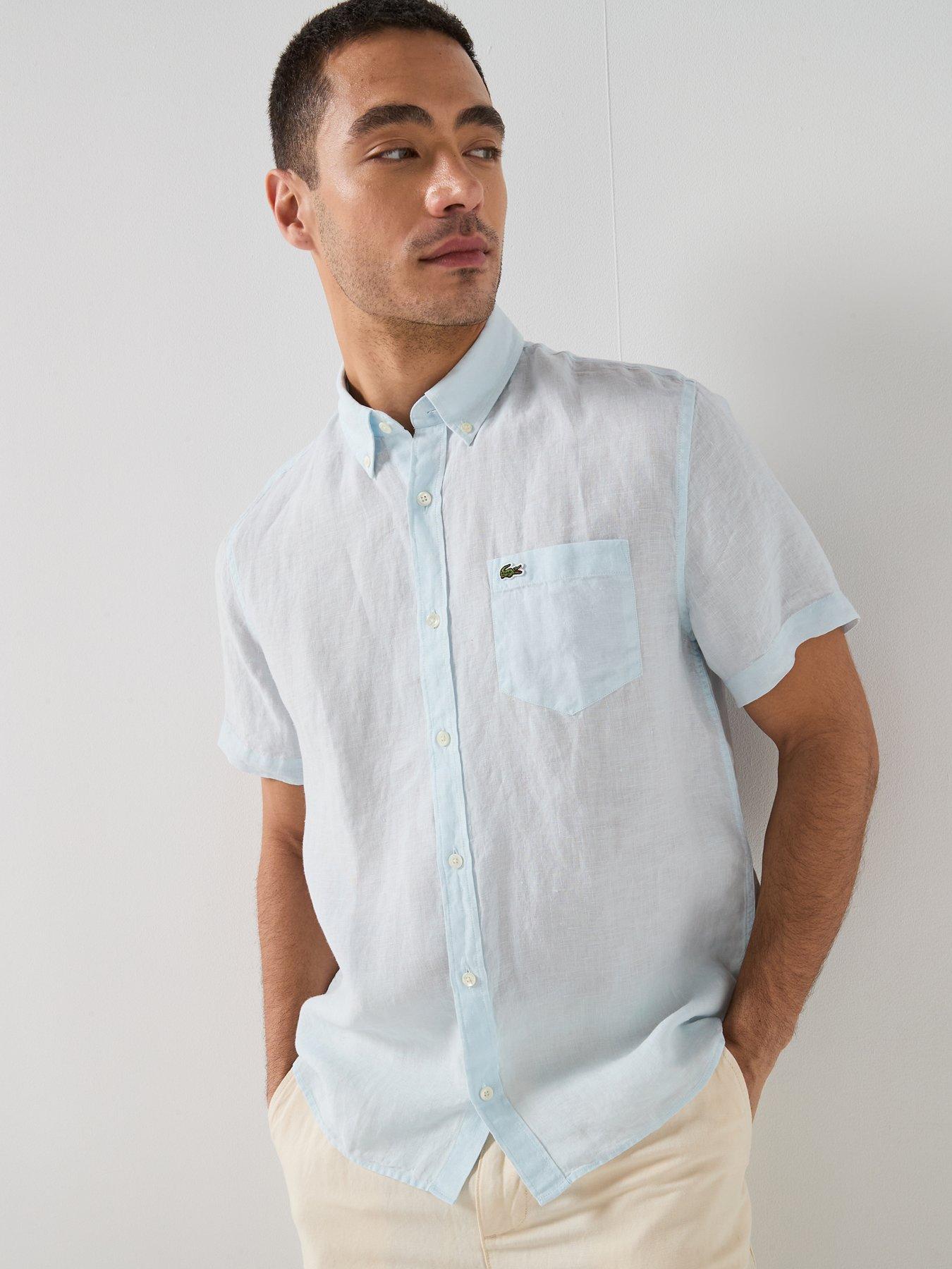 Image 4 of 5 of Lacoste Regular Fit Linen Short Sleeve Shirt - Light Blue