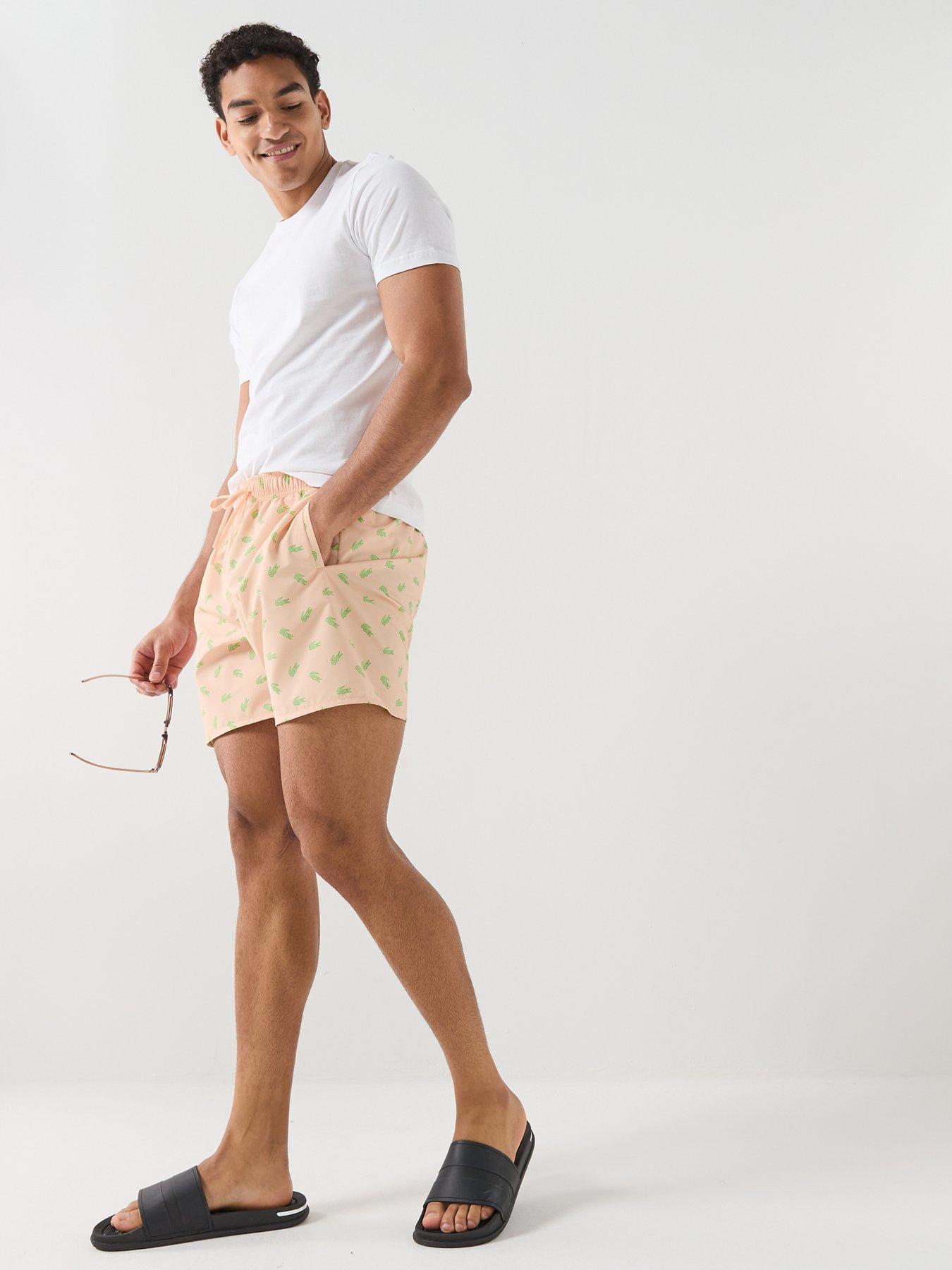Image 3 of 4 of Lacoste Lacoste Mid Length Crocodile Print Swim Trunks - Orange