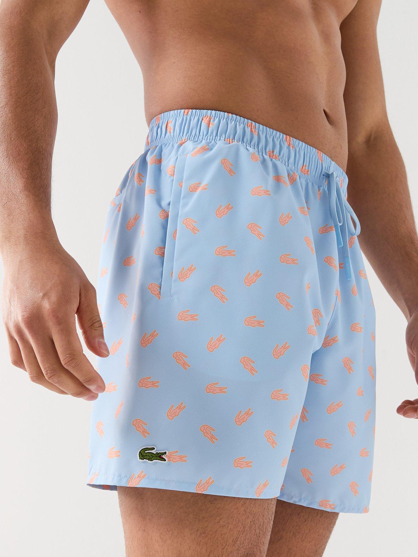 Image 4 of 4 of Lacoste Lacoste Mid Length Crocodile Print Swim Trunks - Blue