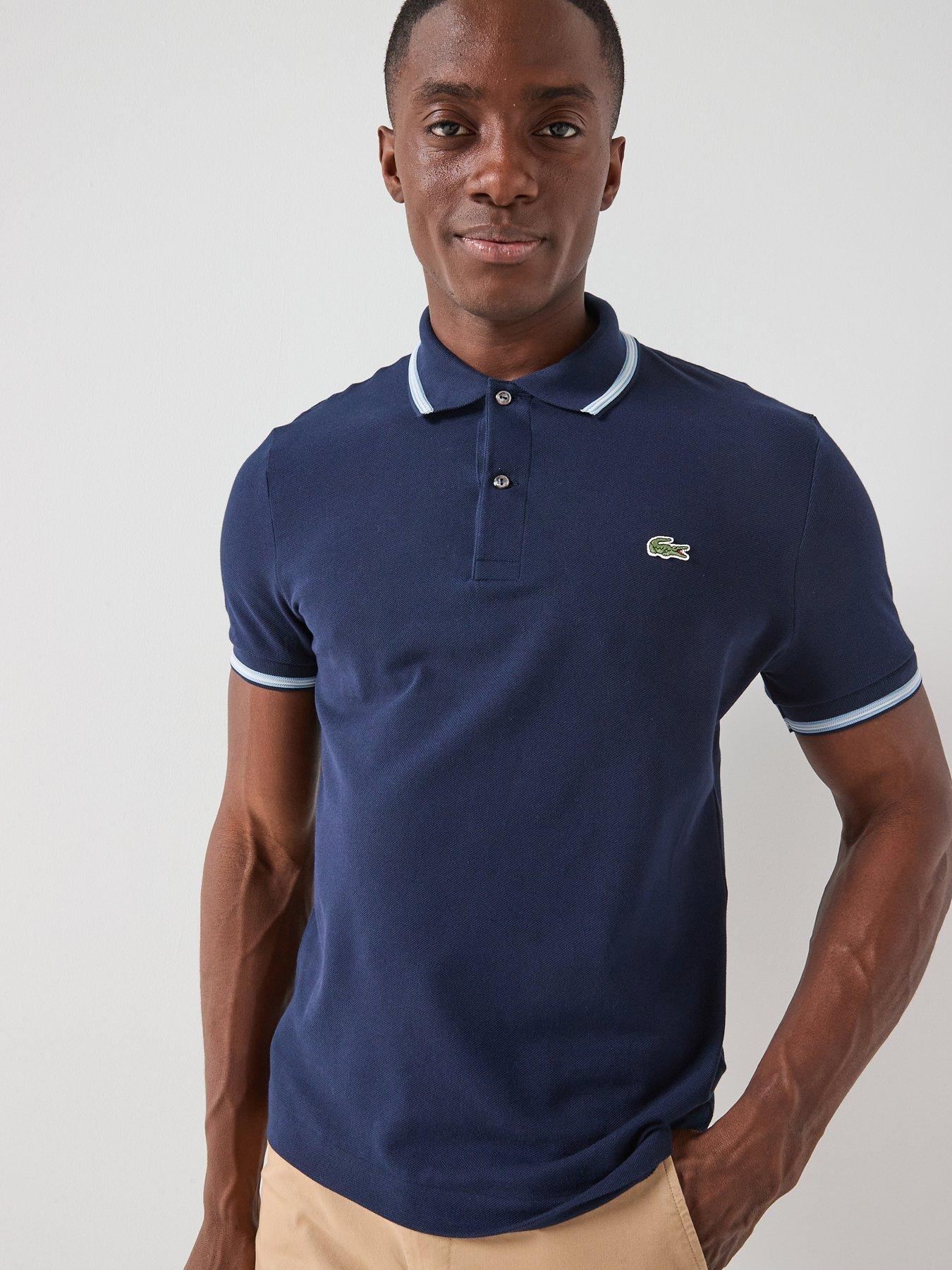 Image 1 of 5 of Lacoste Lacoste Regular Fit L.12.12 Stripe Collar Pique Polo Shirt - Navy