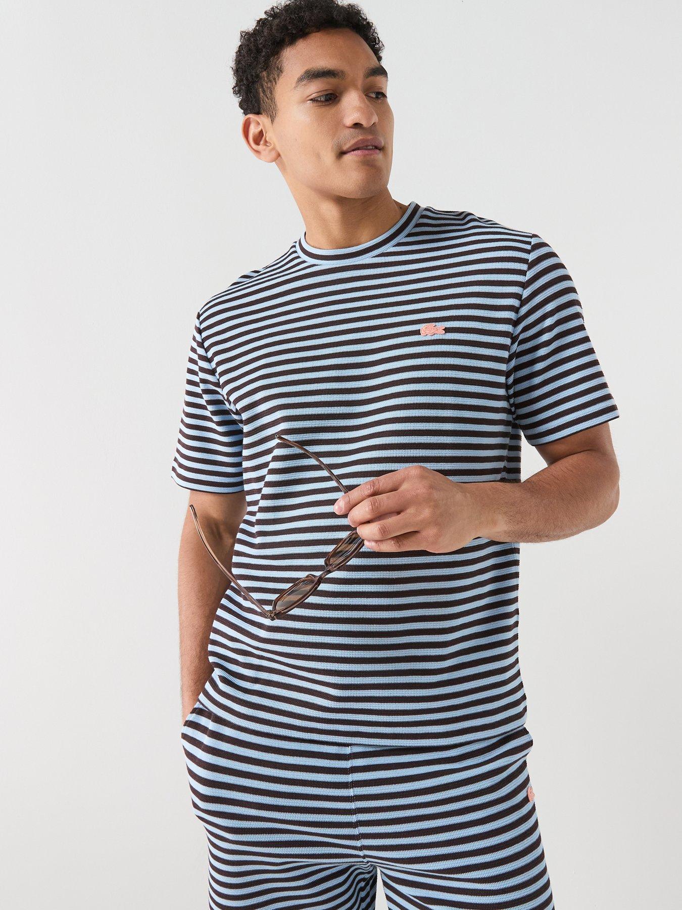 Image 1 of 6 of Lacoste Classic Fit Striped Textured Jersey T-Shirt - Navy