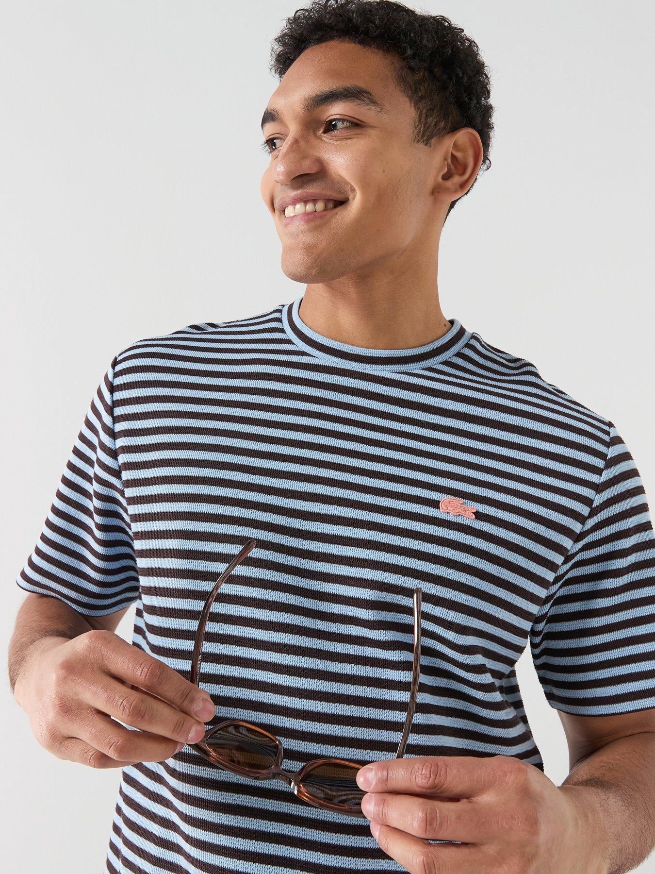 Image 4 of 6 of Lacoste Classic Fit Striped Textured Jersey T-Shirt - Navy