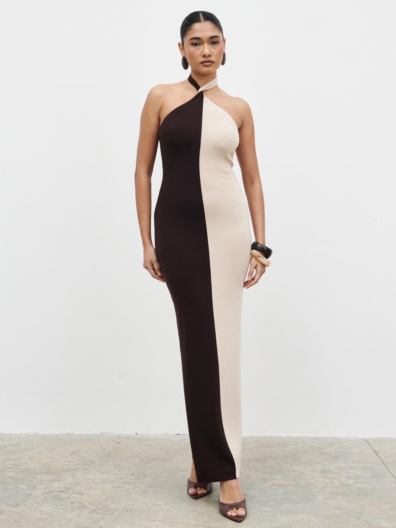 Pretty Lavish Berkley Contrast Knit Maxi Dress - Beige And Chocolate Brown - Multi