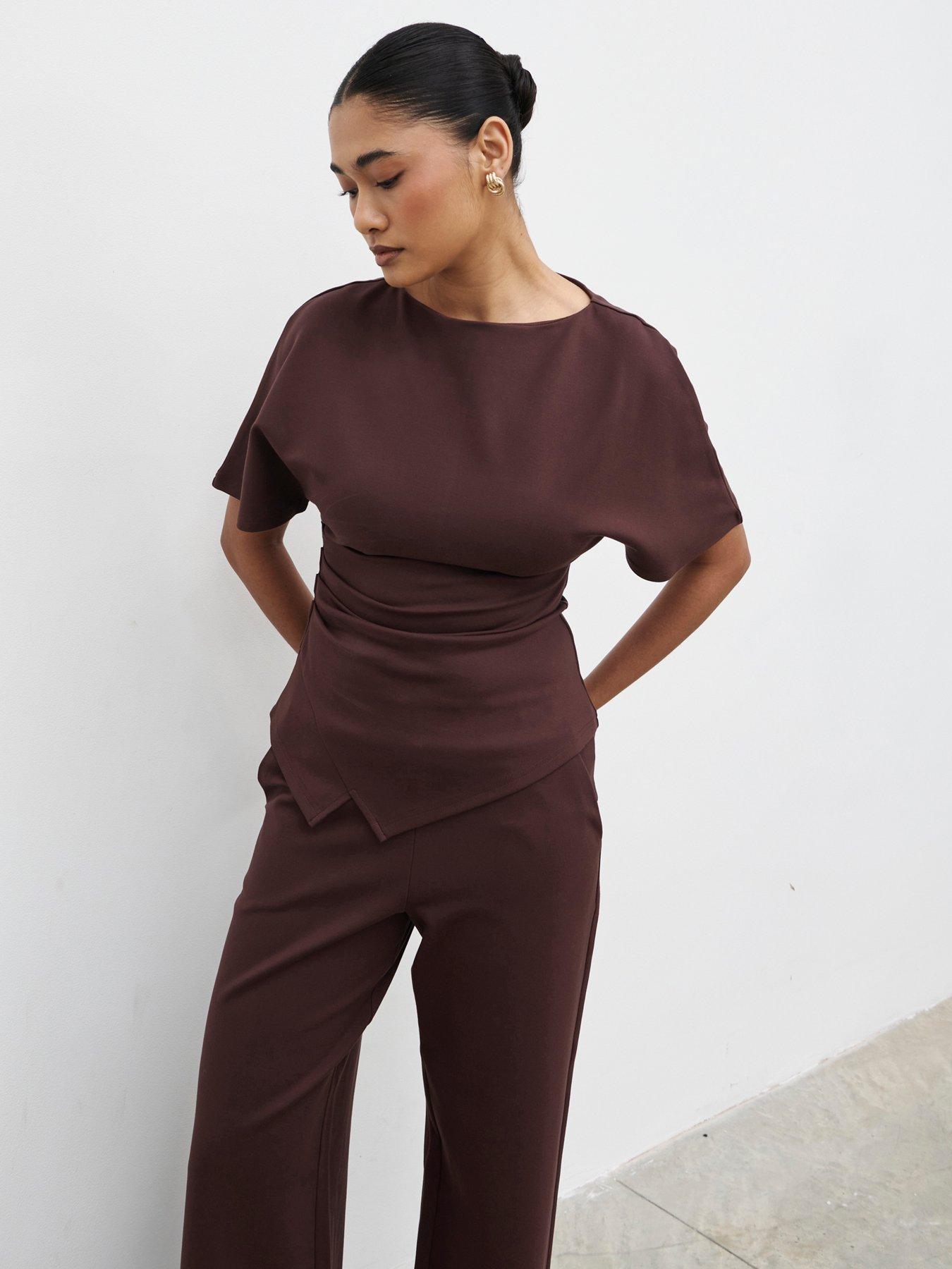 Image 5 of 5 of Pretty Lavish Marni Pleated Jersey Top - Brown