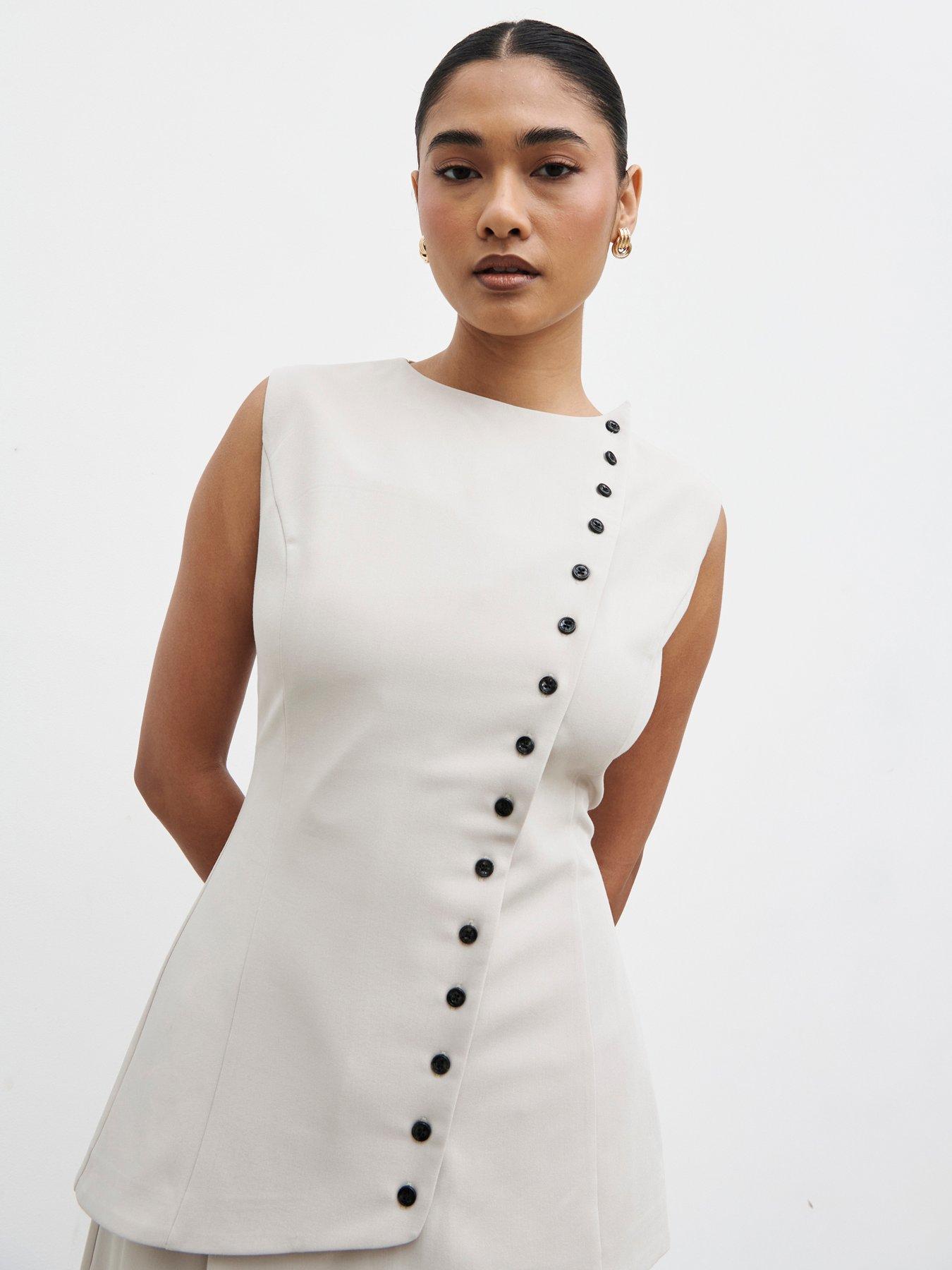 Pretty Lavish Brylee Asymmetric Button Waistcoat - Stone