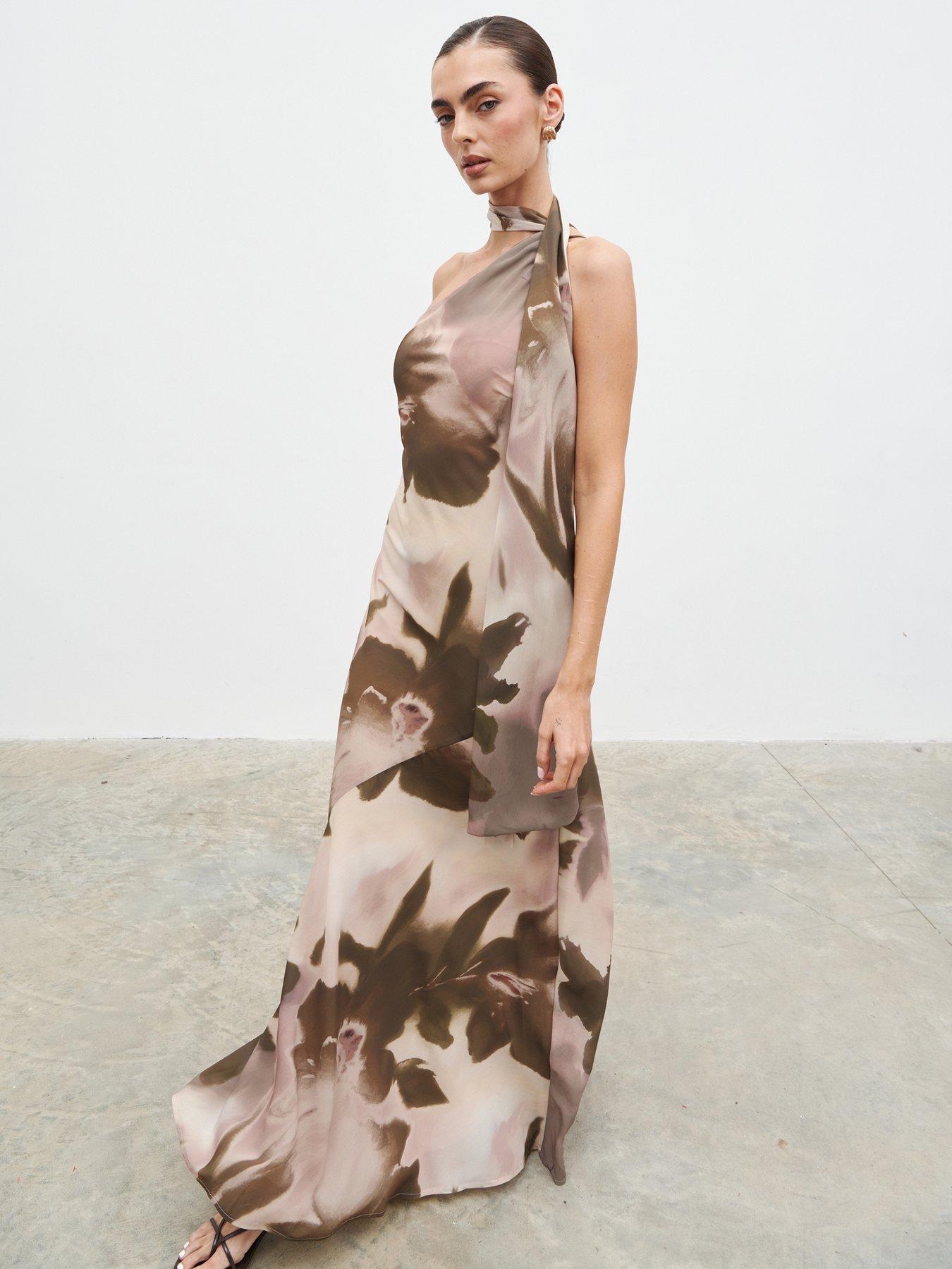 Pretty Lavish Sheree One Shoulder Chiffon Maxi Dress - Neutral Watercolour Floral