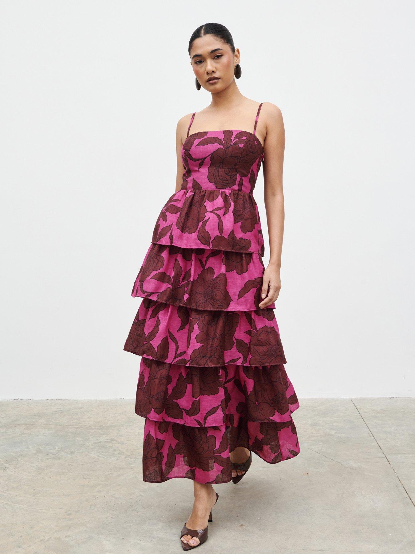 Pretty Lavish Aalyiah Square Neck Ruffle Midaxi Dress - Brown And Fuchsia Floral