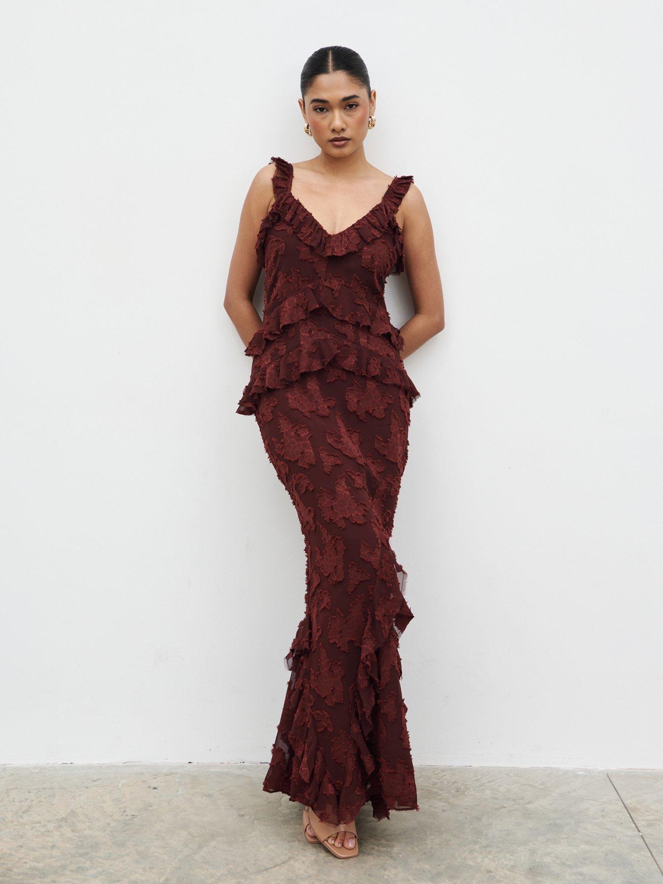Pretty Lavish Helena Ruffle Jacquard Maxi Dress - Mahogany