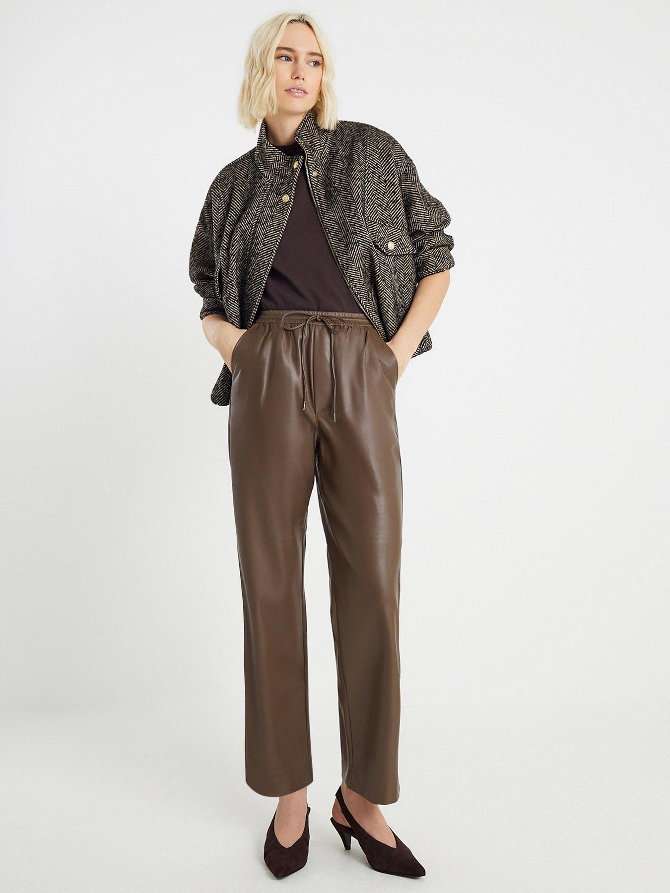 river-island-petite-pu-elasticated-waist-trouser-brown