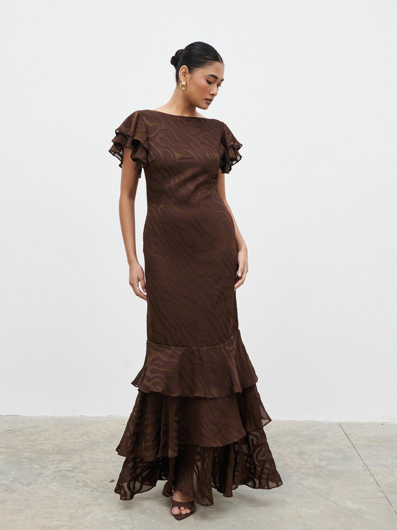 Pretty Lavish Ester Ruffle Jacquard Maxi Dress - Brown